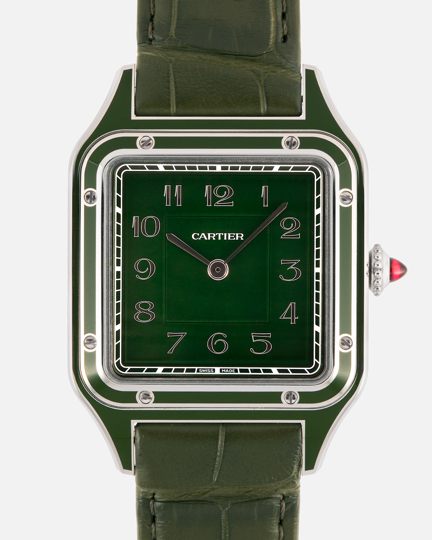 Brand: Cartier
Year: 2025
Model: Santos-Dumont Large, Limited Edition of 200 Pieces
Reference: WGSA0096
Material: Platinum 950, Green Lacquer
Movement: Cartier Cal. 430 MC, Manual-Winding
Case Dimensions: 43.5mm (Including Lugs) x 31.4mm
Strap: Cartier Olive Green  Alligator Leather Strap with Platinum Cartier Tang Buckle