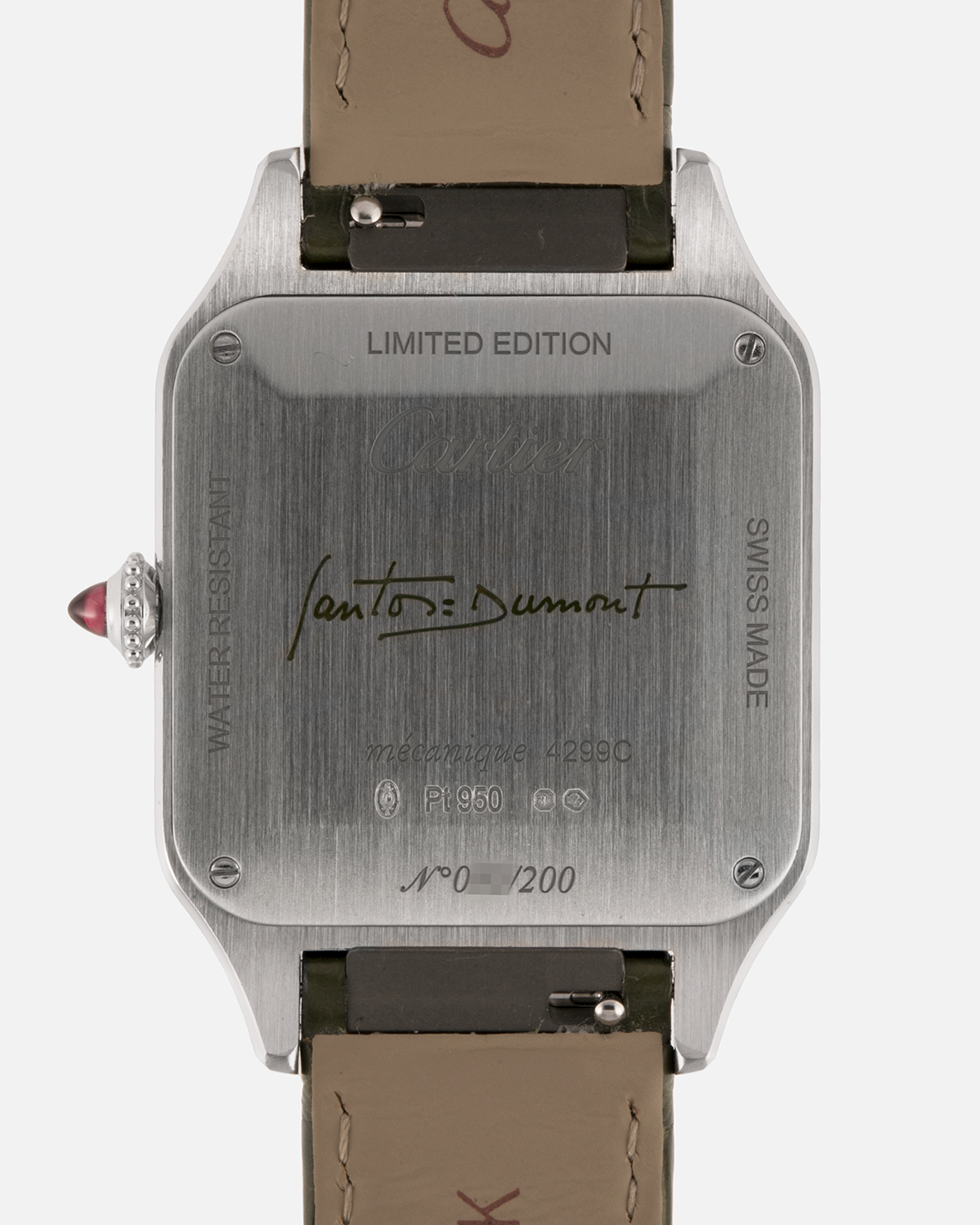 Brand: Cartier
Year: 2025
Model: Santos-Dumont Large, Limited Edition of 200 Pieces
Reference: WGSA0096
Material: Platinum 950, Green Lacquer
Movement: Cartier Cal. 430 MC, Manual-Winding
Case Dimensions: 43.5mm (Including Lugs) x 31.4mm
Strap: Cartier Olive Green  Alligator Leather Strap with Platinum Cartier Tang Buckle