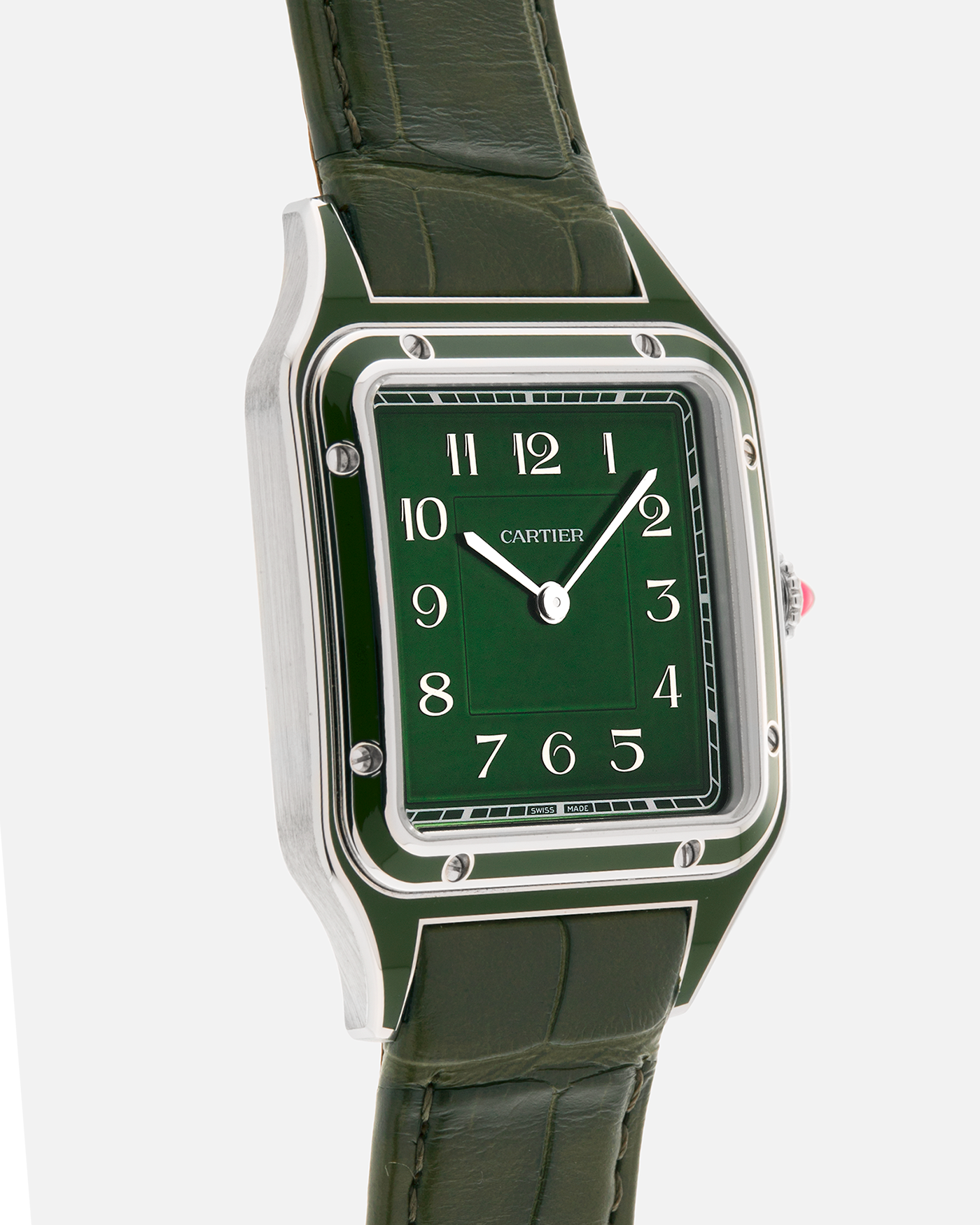 Brand: Cartier
Year: 2025
Model: Santos-Dumont Large, Limited Edition of 200 Pieces
Reference: WGSA0096
Material: Platinum 950, Green Lacquer
Movement: Cartier Cal. 430 MC, Manual-Winding
Case Dimensions: 43.5mm (Including Lugs) x 31.4mm
Strap: Cartier Olive Green  Alligator Leather Strap with Platinum Cartier Tang Buckle