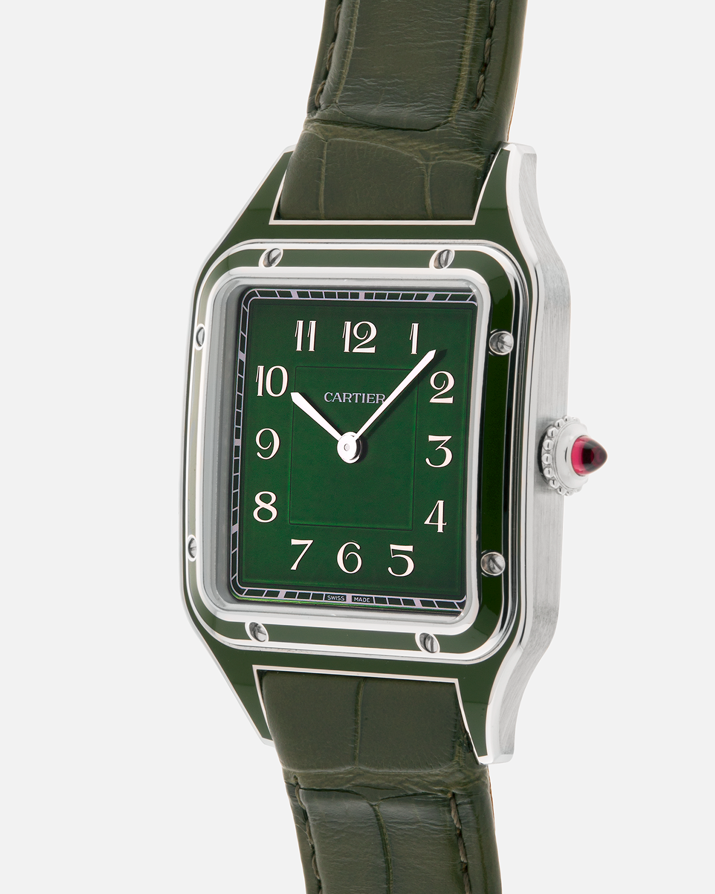 Brand: Cartier
Year: 2025
Model: Santos-Dumont Large, Limited Edition of 200 Pieces
Reference: WGSA0096
Material: Platinum 950, Green Lacquer
Movement: Cartier Cal. 430 MC, Manual-Winding
Case Dimensions: 43.5mm (Including Lugs) x 31.4mm
Strap: Cartier Olive Green  Alligator Leather Strap with Platinum Cartier Tang Buckle