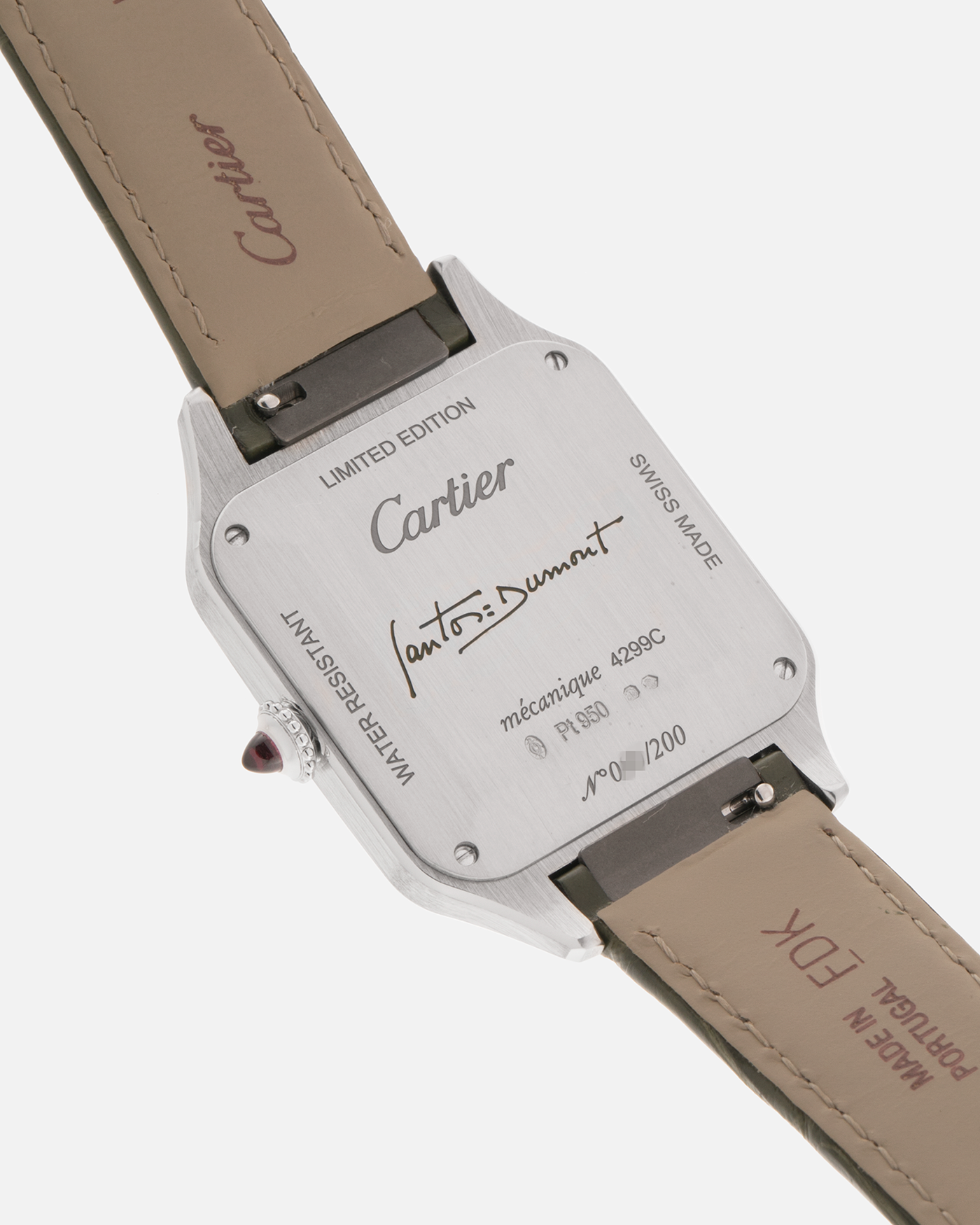 Brand: Cartier
Year: 2025
Model: Santos-Dumont Large, Limited Edition of 200 Pieces
Reference: WGSA0096
Material: Platinum 950, Green Lacquer
Movement: Cartier Cal. 430 MC, Manual-Winding
Case Dimensions: 43.5mm (Including Lugs) x 31.4mm
Strap: Cartier Olive Green  Alligator Leather Strap with Platinum Cartier Tang Buckle