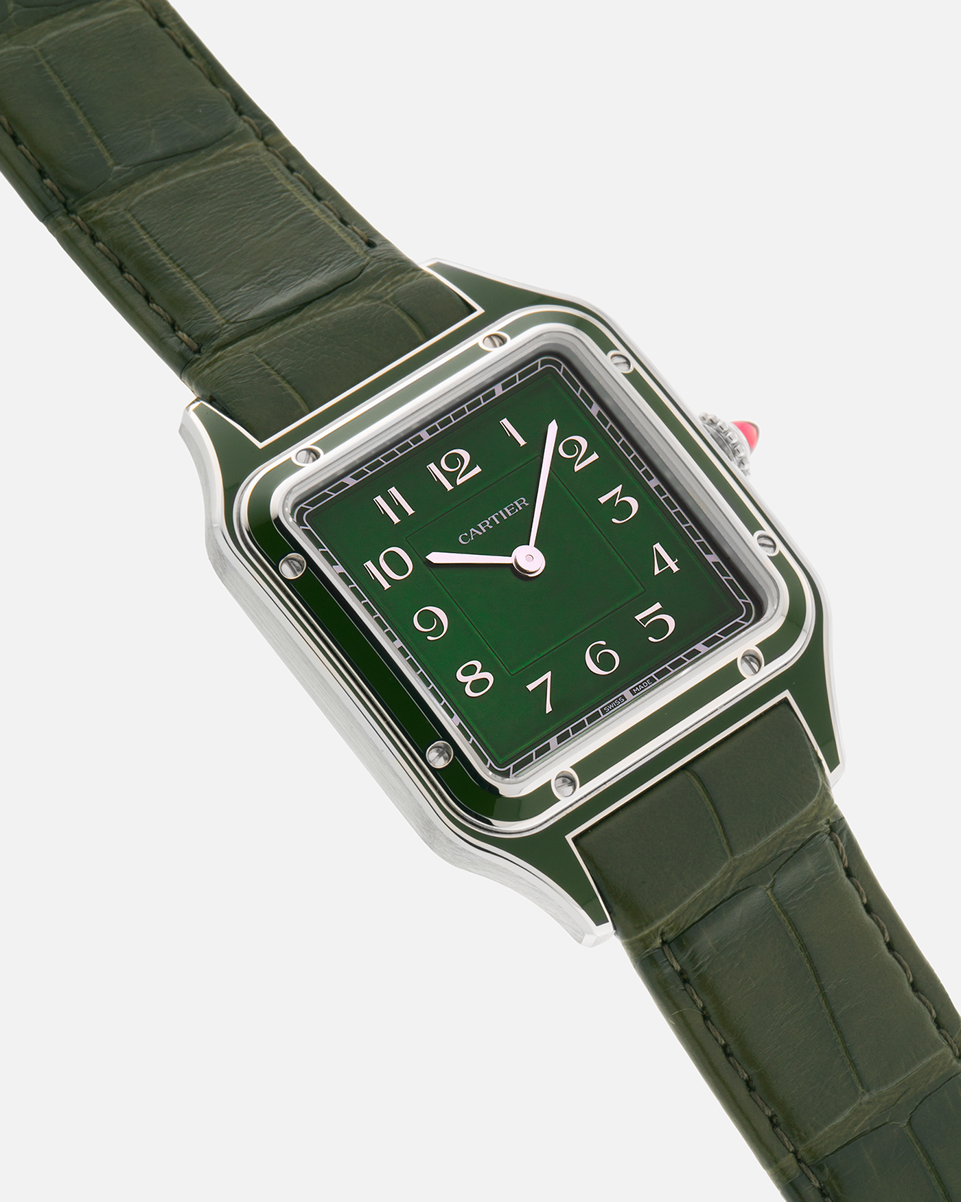 Brand: Cartier
Year: 2025
Model: Santos-Dumont Large, Limited Edition of 200 Pieces
Reference: WGSA0096
Material: Platinum 950, Green Lacquer
Movement: Cartier Cal. 430 MC, Manual-Winding
Case Dimensions: 43.5mm (Including Lugs) x 31.4mm
Strap: Cartier Olive Green  Alligator Leather Strap with Platinum Cartier Tang Buckle