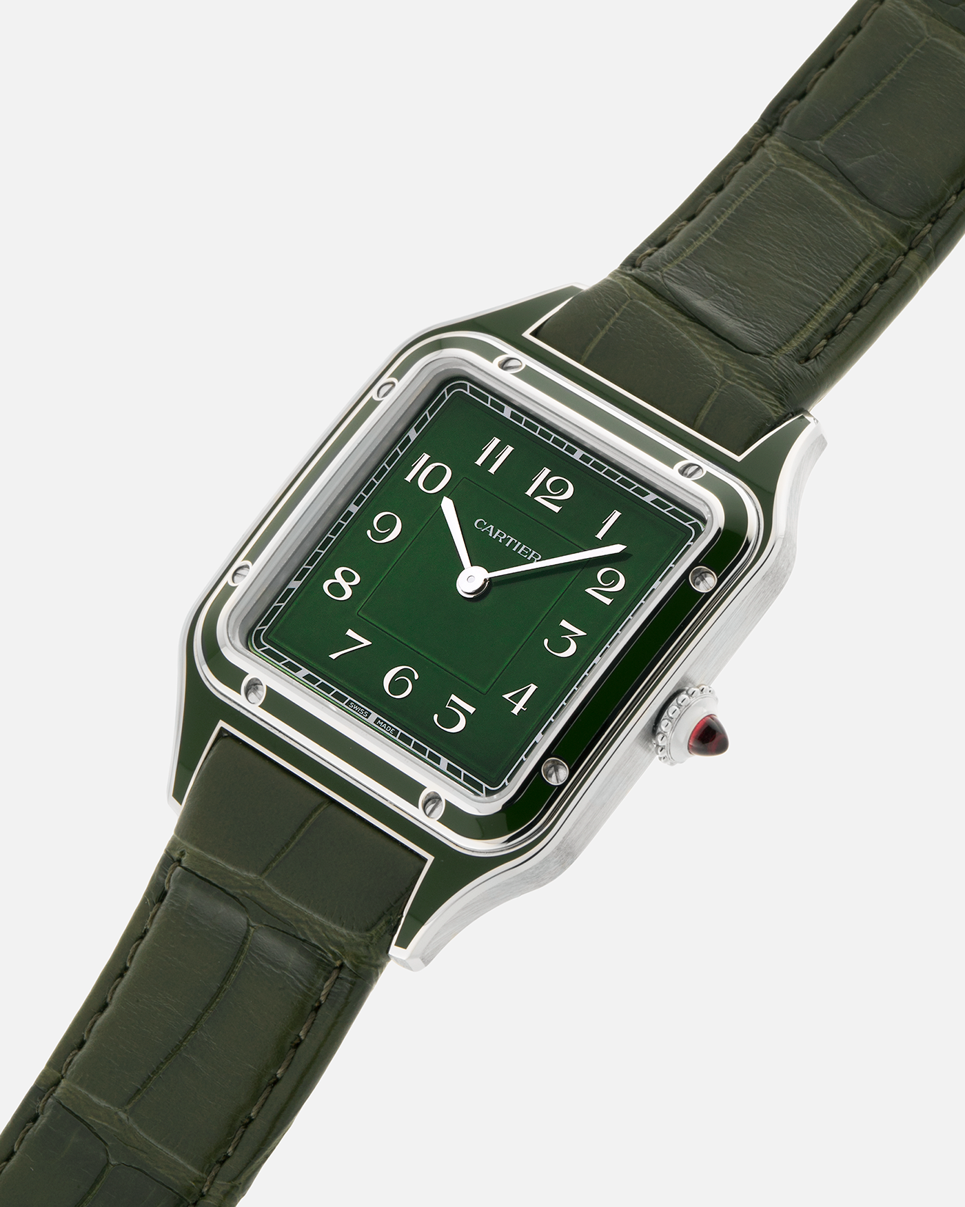 Brand: Cartier
Year: 2025
Model: Santos-Dumont Large, Limited Edition of 200 Pieces
Reference: WGSA0096
Material: Platinum 950, Green Lacquer
Movement: Cartier Cal. 430 MC, Manual-Winding
Case Dimensions: 43.5mm (Including Lugs) x 31.4mm
Strap: Cartier Olive Green  Alligator Leather Strap with Platinum Cartier Tang Buckle