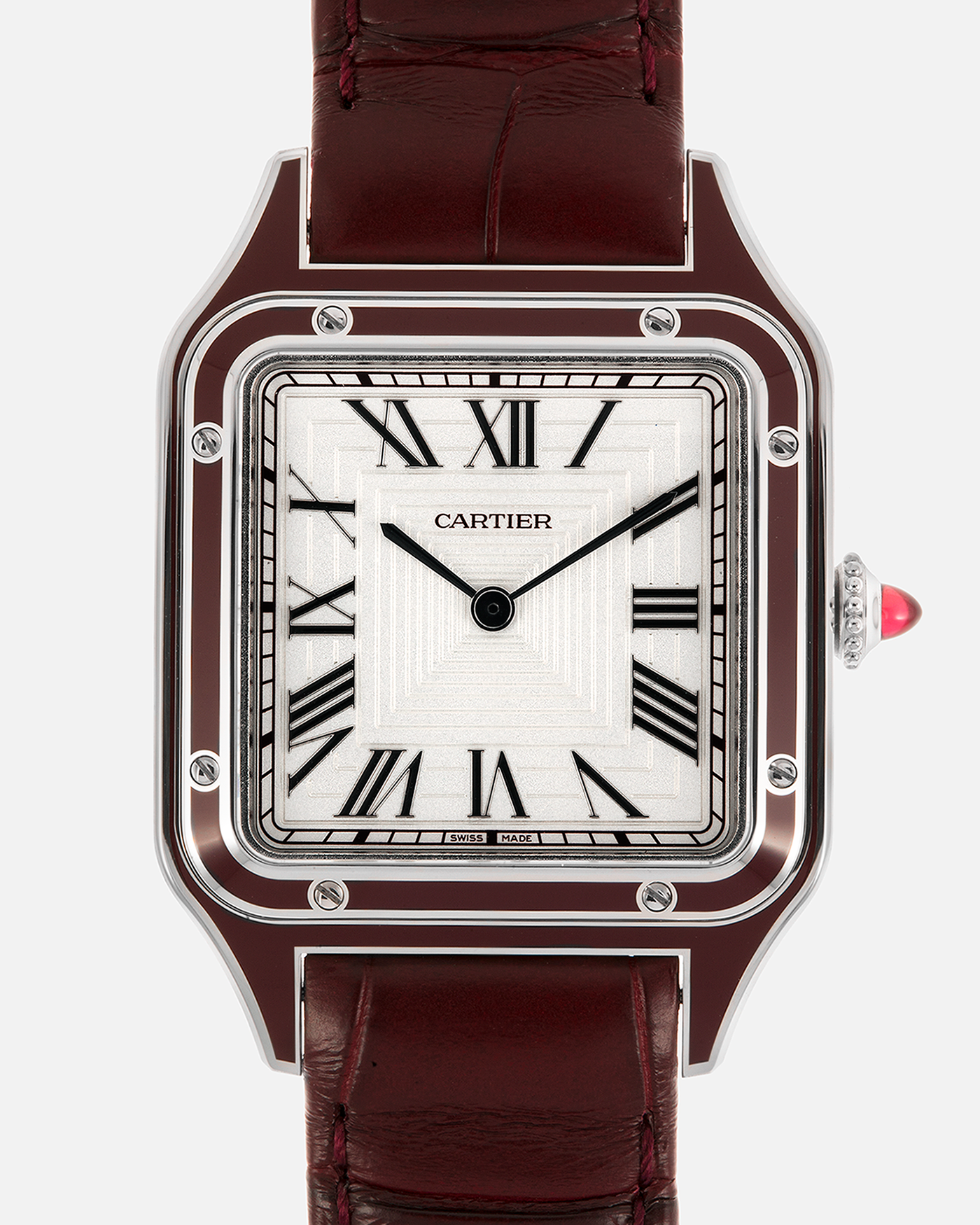 Brand: Cartier
Year: 2022
Model: Santos-Dumont Large, Limited Edition of 150 pieces in Platinum
Reference: WGSA0053
Material: Platinum 950, Burgundy Lacquer
Movement: Cartier Cal. 430 MC, Manual-Winding
Case Dimensions: 43.5mm (Including Lugs) x 31.4mm
Strap: Cartier Burgundy Alligator Leather Strap with Signed Platinum 950 Tang Buckle