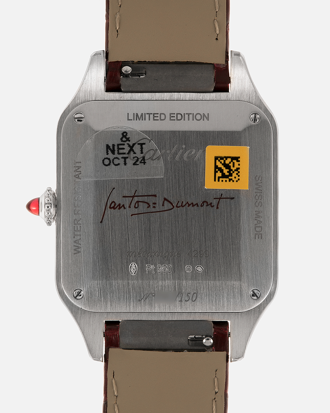 Brand: Cartier
Year: 2022
Model: Santos-Dumont Large, Limited Edition of 150 pieces in Platinum
Reference: WGSA0053
Material: Platinum 950, Burgundy Lacquer
Movement: Cartier Cal. 430 MC, Manual-Winding
Case Dimensions: 43.5mm (Including Lugs) x 31.4mm
Strap: Cartier Burgundy Alligator Leather Strap with Signed Platinum 950 Tang Buckle