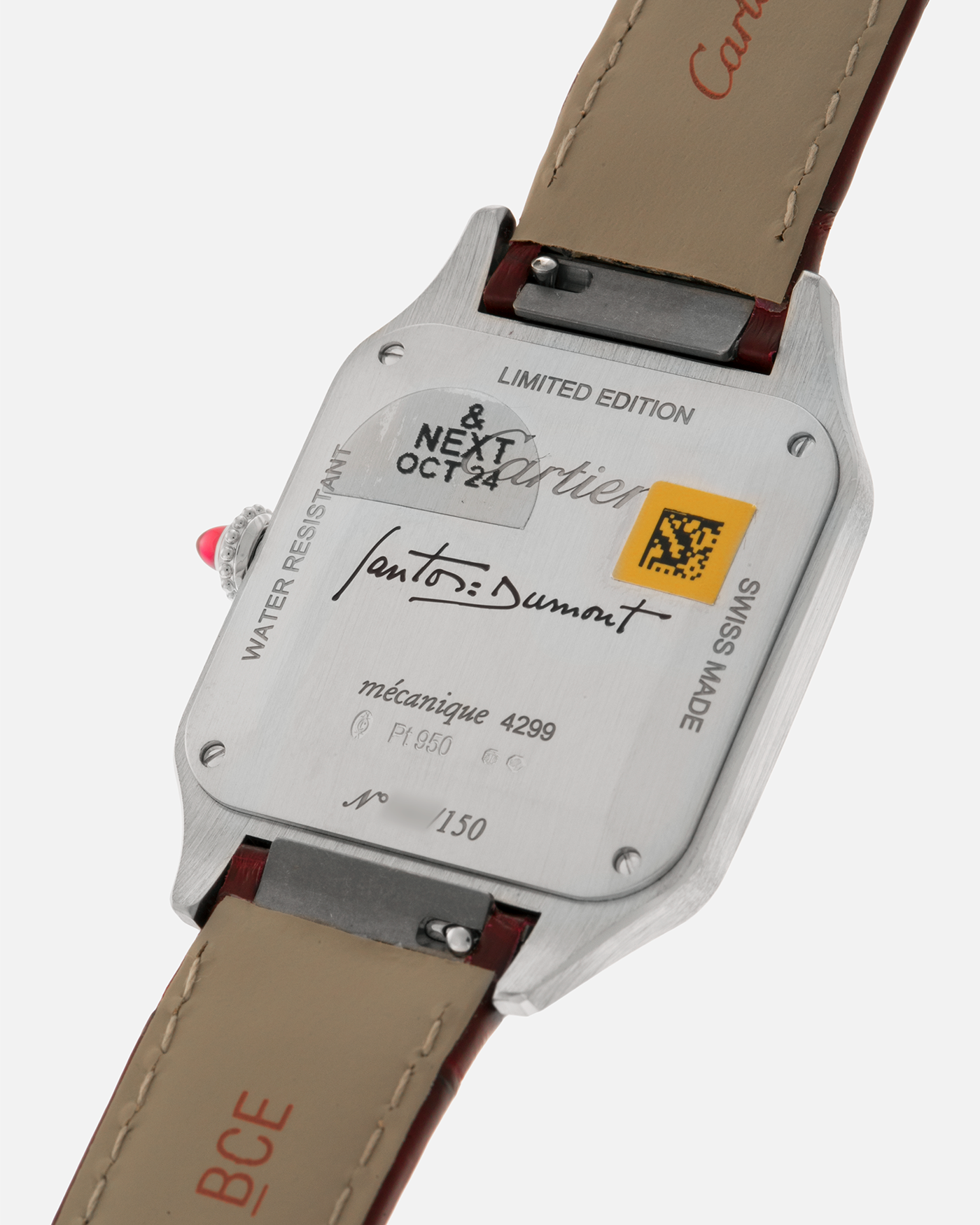 Brand: Cartier
Year: 2022
Model: Santos-Dumont Large, Limited Edition of 150 pieces in Platinum
Reference: WGSA0053
Material: Platinum 950, Burgundy Lacquer
Movement: Cartier Cal. 430 MC, Manual-Winding
Case Dimensions: 43.5mm (Including Lugs) x 31.4mm
Strap: Cartier Burgundy Alligator Leather Strap with Signed Platinum 950 Tang Buckle
