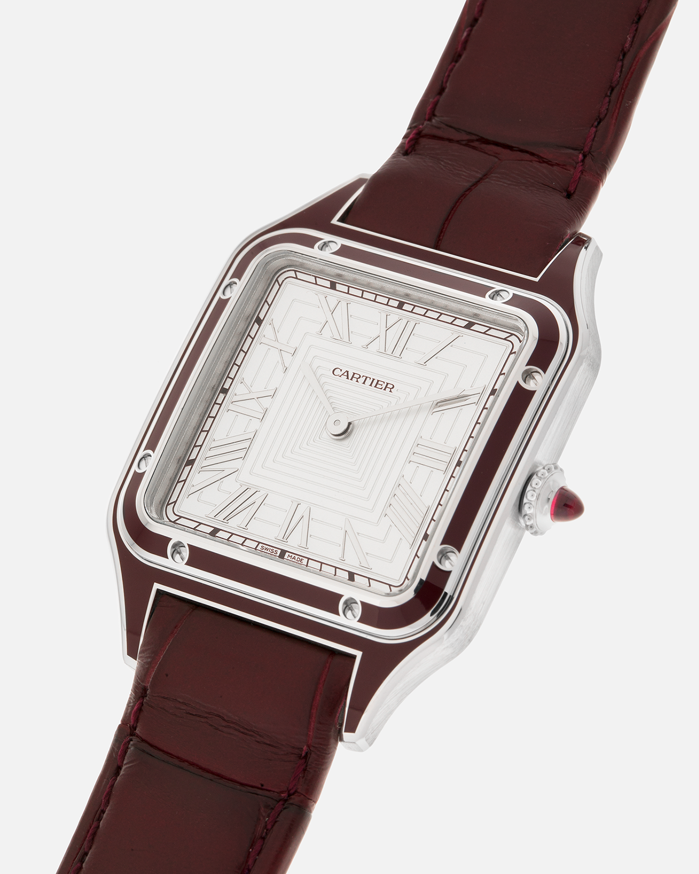 Brand: Cartier
Year: 2022
Model: Santos-Dumont Large, Limited Edition of 150 pieces in Platinum
Reference: WGSA0053
Material: Platinum 950, Burgundy Lacquer
Movement: Cartier Cal. 430 MC, Manual-Winding
Case Dimensions: 43.5mm (Including Lugs) x 31.4mm
Strap: Cartier Burgundy Alligator Leather Strap with Signed Platinum 950 Tang Buckle