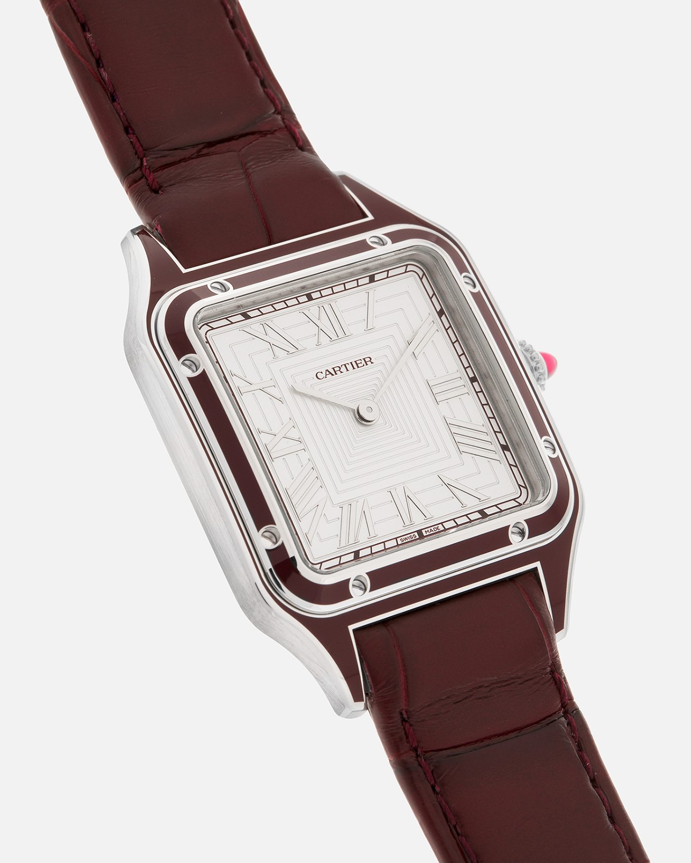 Brand: Cartier
Year: 2022
Model: Santos-Dumont Large, Limited Edition of 150 pieces in Platinum
Reference: WGSA0053
Material: Platinum 950, Burgundy Lacquer
Movement: Cartier Cal. 430 MC, Manual-Winding
Case Dimensions: 43.5mm (Including Lugs) x 31.4mm
Strap: Cartier Burgundy Alligator Leather Strap with Signed Platinum 950 Tang Buckle