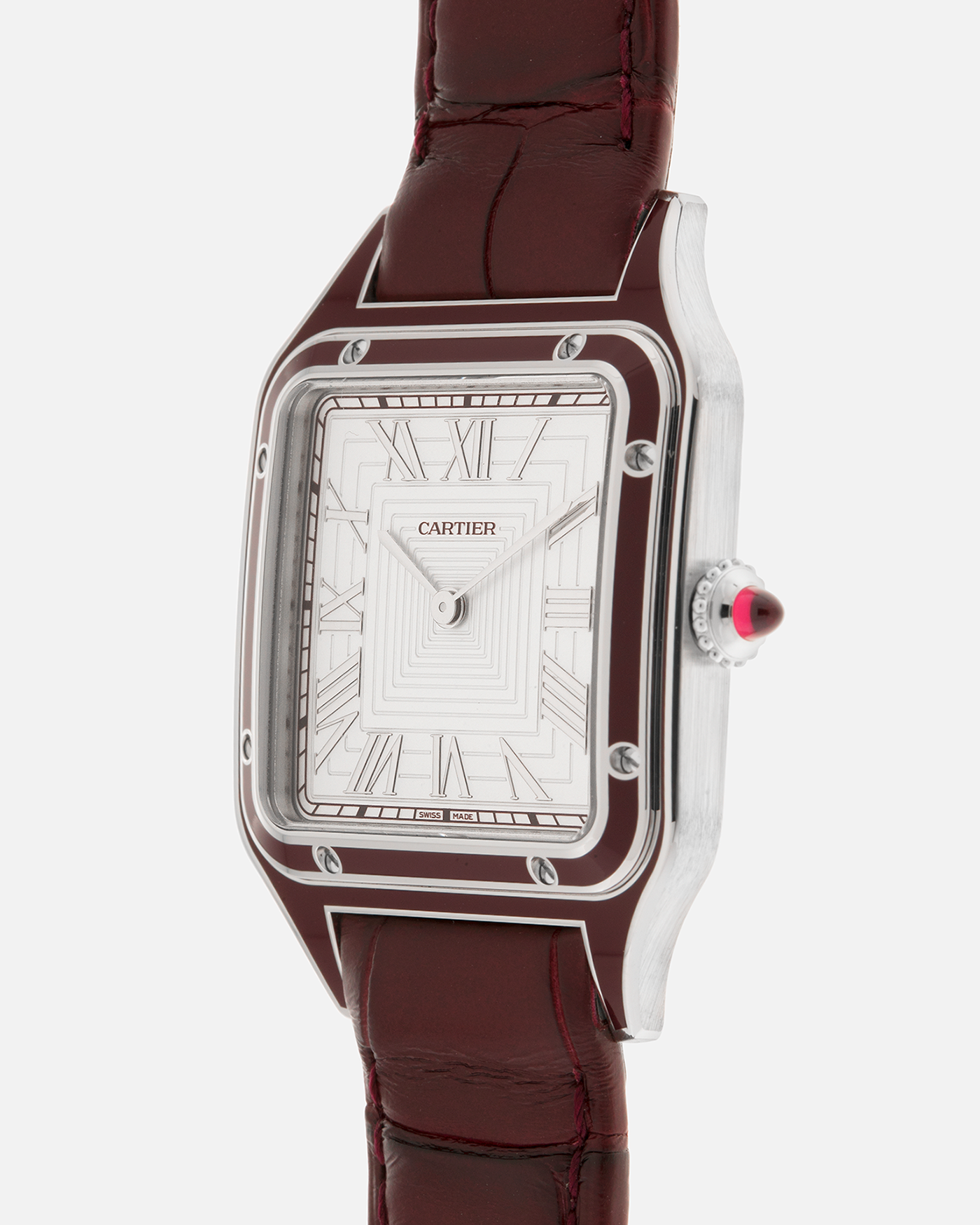 Brand: Cartier
Year: 2022
Model: Santos-Dumont Large, Limited Edition of 150 pieces in Platinum
Reference: WGSA0053
Material: Platinum 950, Burgundy Lacquer
Movement: Cartier Cal. 430 MC, Manual-Winding
Case Dimensions: 43.5mm (Including Lugs) x 31.4mm
Strap: Cartier Burgundy Alligator Leather Strap with Signed Platinum 950 Tang Buckle