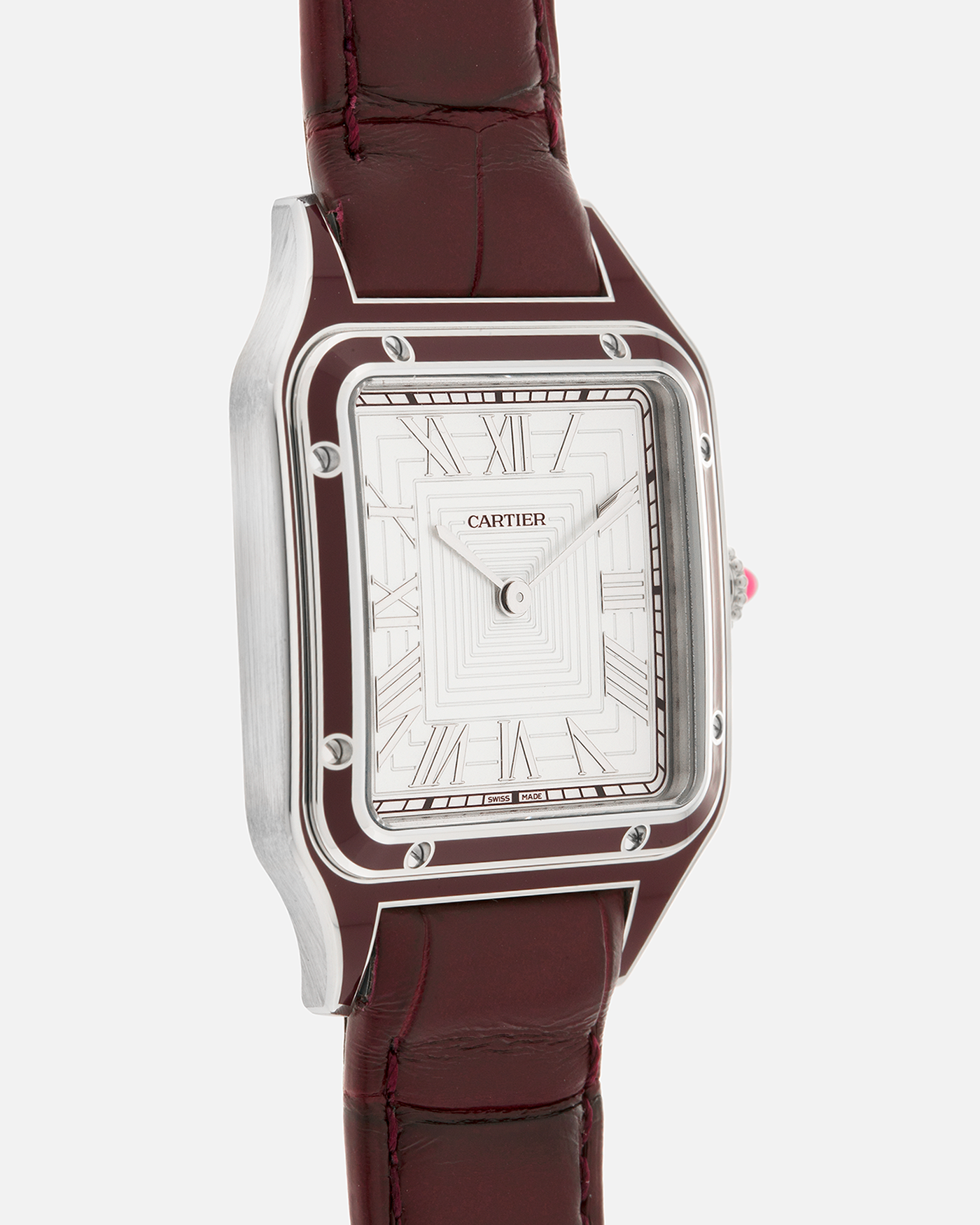 Brand: Cartier
Year: 2022
Model: Santos-Dumont Large, Limited Edition of 150 pieces in Platinum
Reference: WGSA0053
Material: Platinum 950, Burgundy Lacquer
Movement: Cartier Cal. 430 MC, Manual-Winding
Case Dimensions: 43.5mm (Including Lugs) x 31.4mm
Strap: Cartier Burgundy Alligator Leather Strap with Signed Platinum 950 Tang Buckle