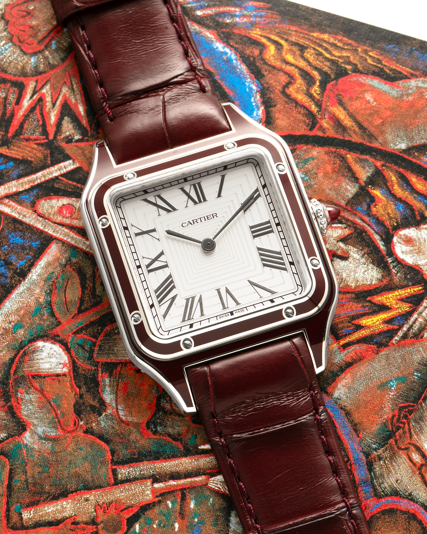 Brand: Cartier
Year: 2022
Model: Santos-Dumont Large, Limited Edition of 150 pieces in Platinum
Reference: WGSA0053
Material: Platinum 950, Burgundy Lacquer
Movement: Cartier Cal. 430 MC, Manual-Winding
Case Dimensions: 43.5mm (Including Lugs) x 31.4mm
Strap: Cartier Burgundy Alligator Leather Strap with Signed Platinum 950 Tang Buckle