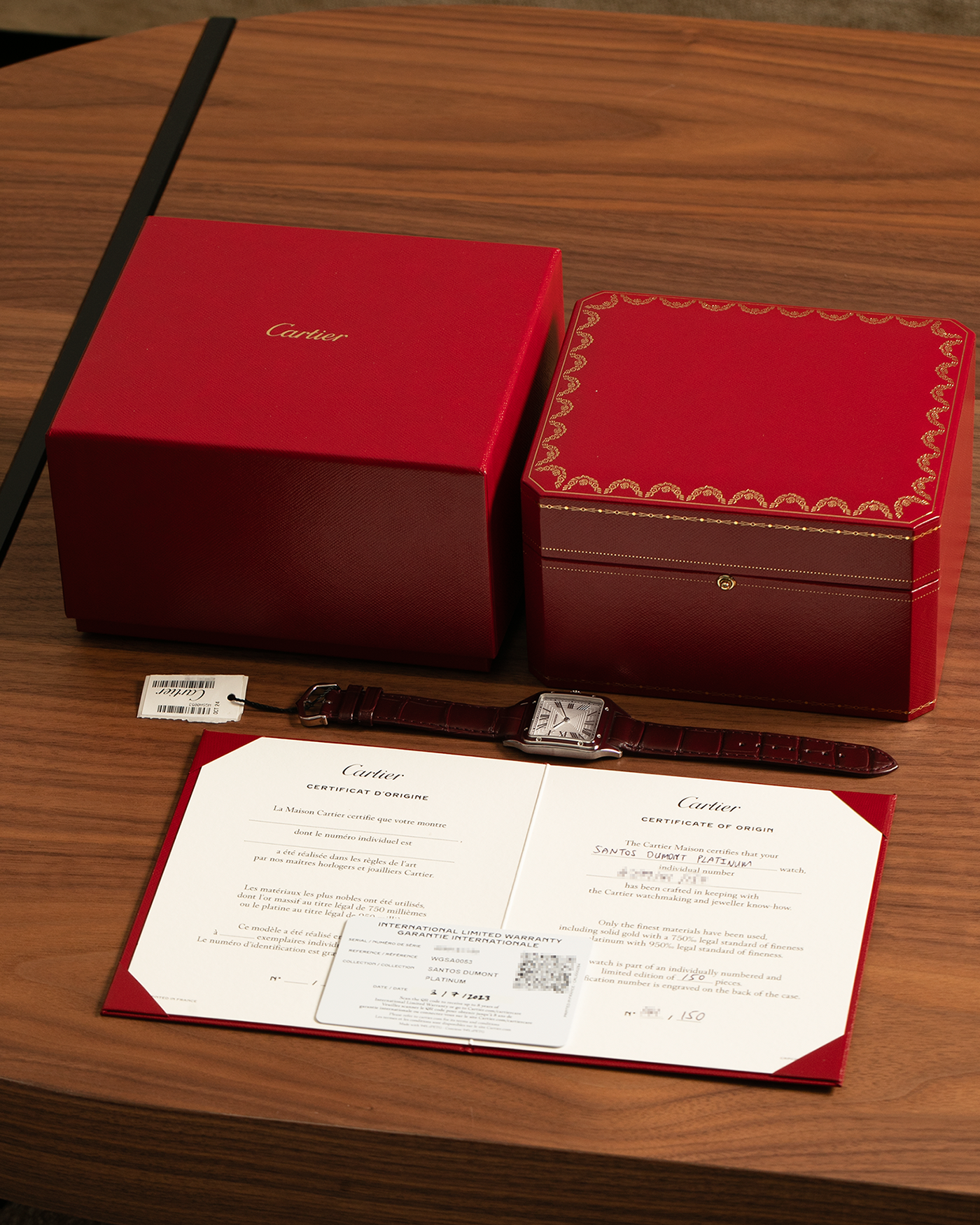 Brand: Cartier
Year: 2022
Model: Santos-Dumont Large, Limited Edition of 150 pieces in Platinum
Reference: WGSA0053
Material: Platinum 950, Burgundy Lacquer
Movement: Cartier Cal. 430 MC, Manual-Winding
Case Dimensions: 43.5mm (Including Lugs) x 31.4mm
Strap: Cartier Burgundy Alligator Leather Strap with Signed Platinum 950 Tang Buckle