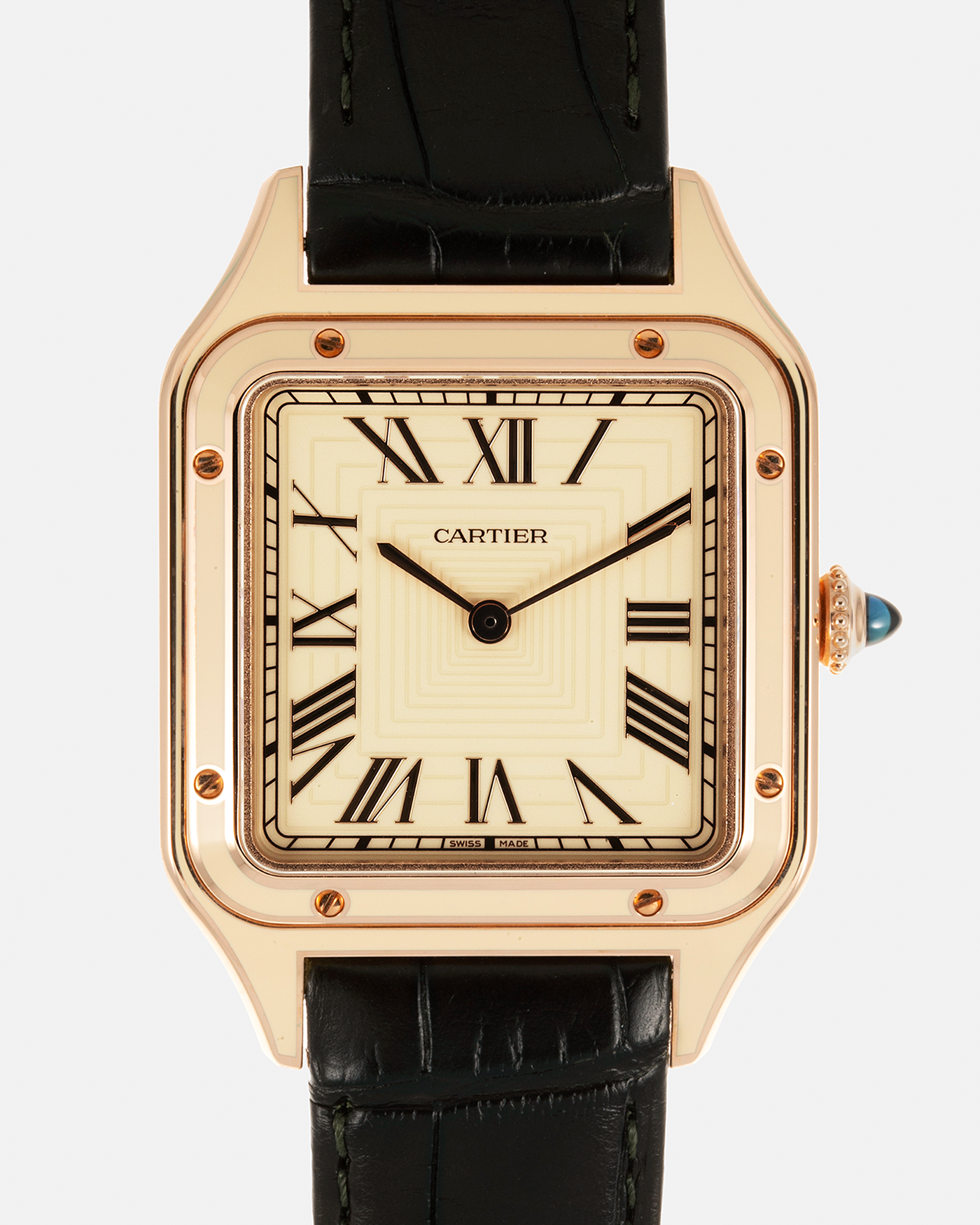 Brand: Cartier Year: 2022 Model: Santos-Dumont Large Material: 18-carat Rose Gold, Beige Lacquer Movement: Cartier Cal. 430 MC, Manual-Winding Case Diameter: 43.5mm x 31.4mm Bracelet / Strap: Cartier Black Alligator Leather Strap with Signed 18-carat Rose Gold Tang Buckle