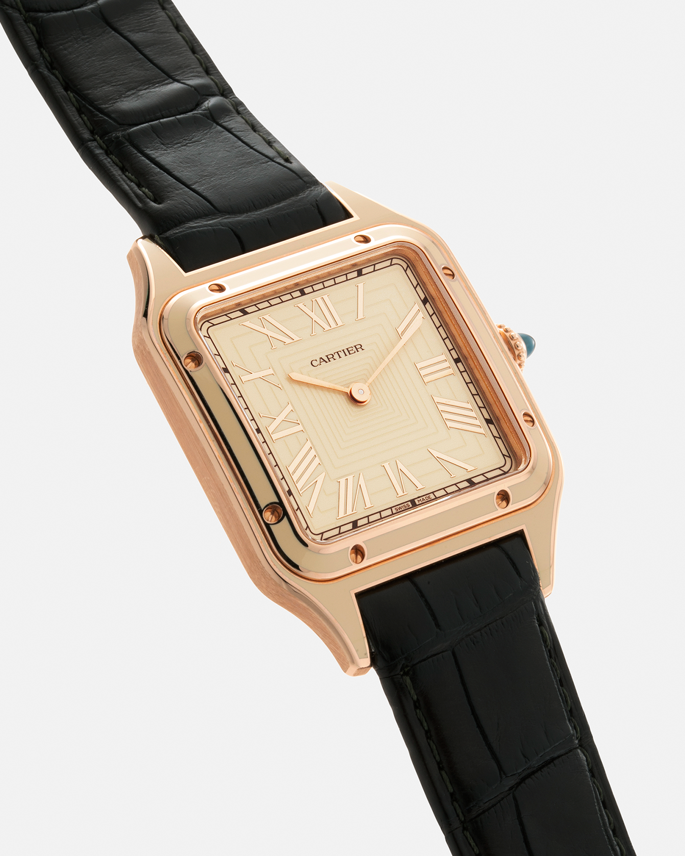 Brand: Cartier Year: 2022 Model: Santos-Dumont Large Material: 18-carat Rose Gold, Beige Lacquer Movement: Cartier Cal. 430 MC, Manual-Winding Case Diameter: 43.5mm x 31.4mm Bracelet / Strap: Cartier Black Alligator Leather Strap with Signed 18-carat Rose Gold Tang Buckle