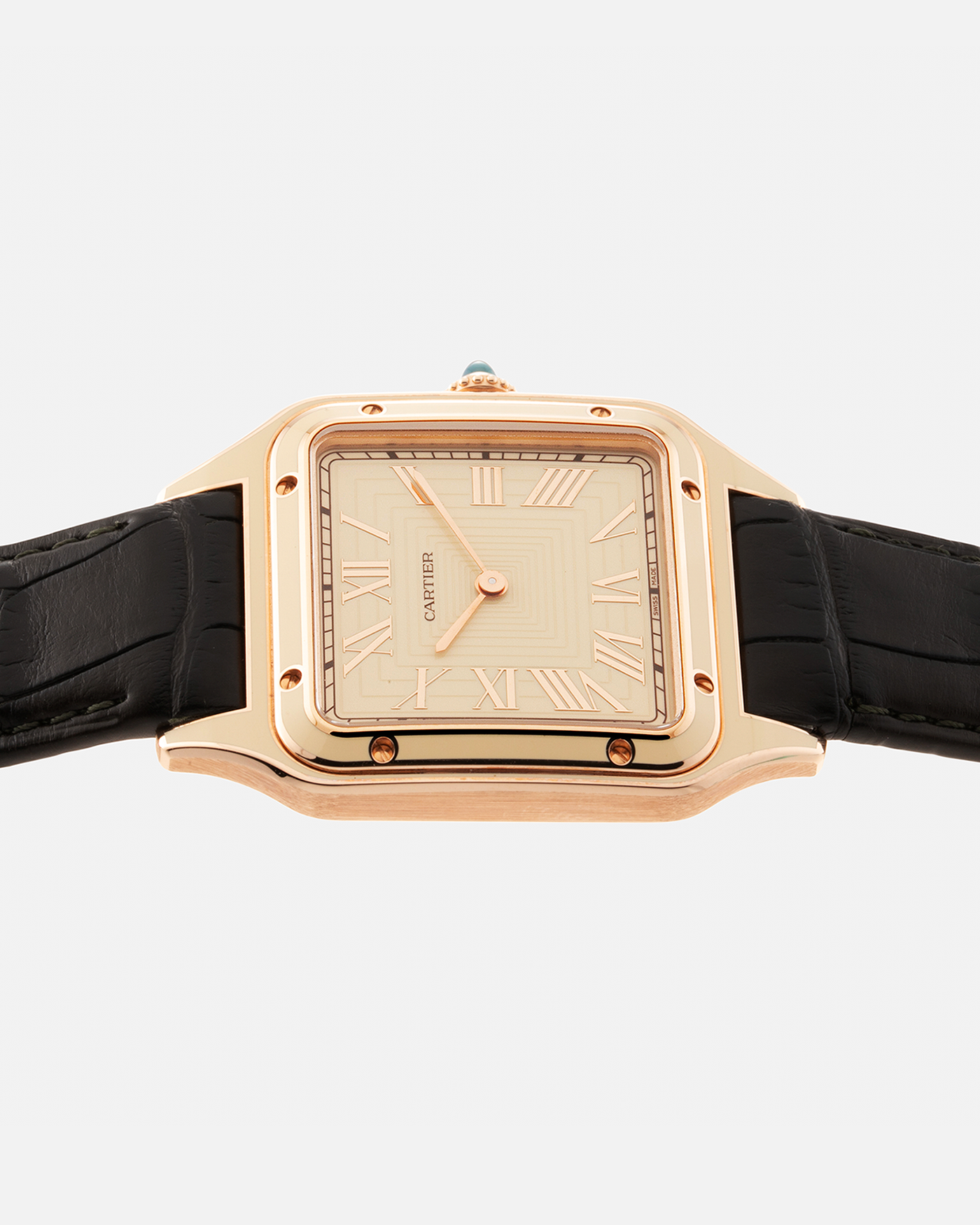 Brand: Cartier Year: 2022 Model: Santos-Dumont Large Material: 18-carat Rose Gold, Beige Lacquer Movement: Cartier Cal. 430 MC, Manual-Winding Case Diameter: 43.5mm x 31.4mm Bracelet / Strap: Cartier Black Alligator Leather Strap with Signed 18-carat Rose Gold Tang Buckle