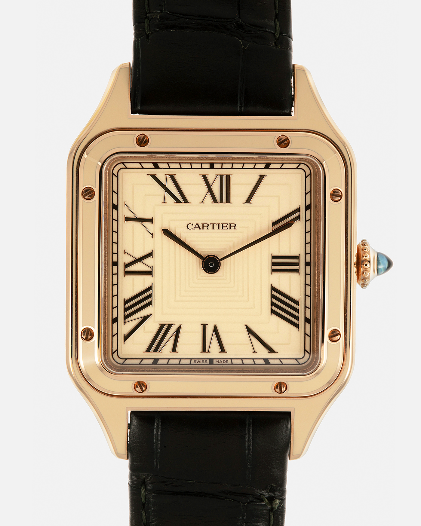Brand: Cartier Year: 2023 Model: Santos-Dumont Lacquered “Large” Reference: WGSA0054 Material: 18-carat Rose Gold, Beige Lacquer Movement: Cartier Cal. 430 MC, Manual-Winding Case Dimensions: 43.5mm (Including Lugs) x 31.4mm x 7.3mm Strap: Cartier Olive Green Alligator Leather Strap with Signed 18-carat Rose Gold Tang Buckle