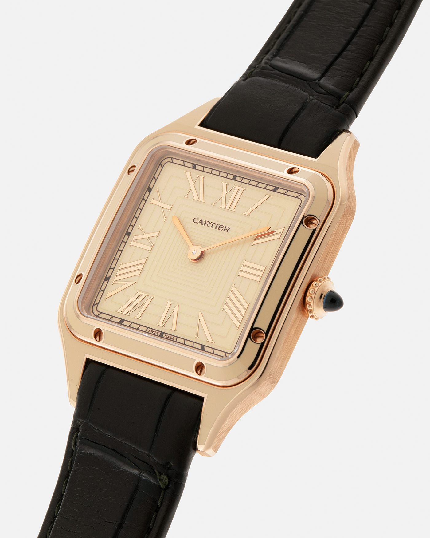 Brand: Cartier Year: 2023 Model: Santos-Dumont Lacquered “Large” Reference: WGSA0054 Material: 18-carat Rose Gold, Beige Lacquer Movement: Cartier Cal. 430 MC, Manual-Winding Case Dimensions: 43.5mm (Including Lugs) x 31.4mm x 7.3mm Strap: Cartier Olive Green Alligator Leather Strap with Signed 18-carat Rose Gold Tang Buckle