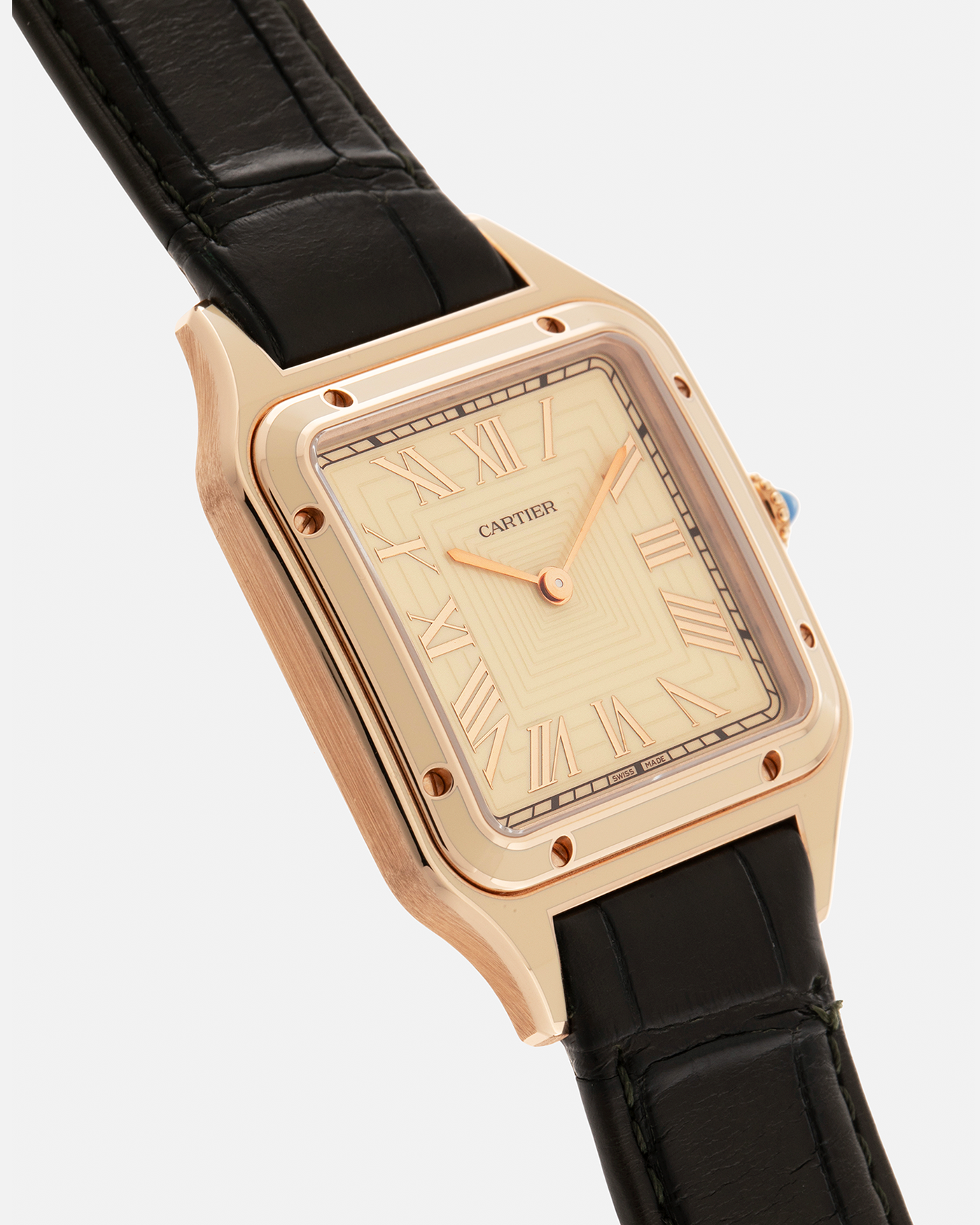 Brand: Cartier Year: 2023 Model: Santos-Dumont Lacquered “Large” Reference: WGSA0054 Material: 18-carat Rose Gold, Beige Lacquer Movement: Cartier Cal. 430 MC, Manual-Winding Case Dimensions: 43.5mm (Including Lugs) x 31.4mm x 7.3mm Strap: Cartier Olive Green Alligator Leather Strap with Signed 18-carat Rose Gold Tang Buckle