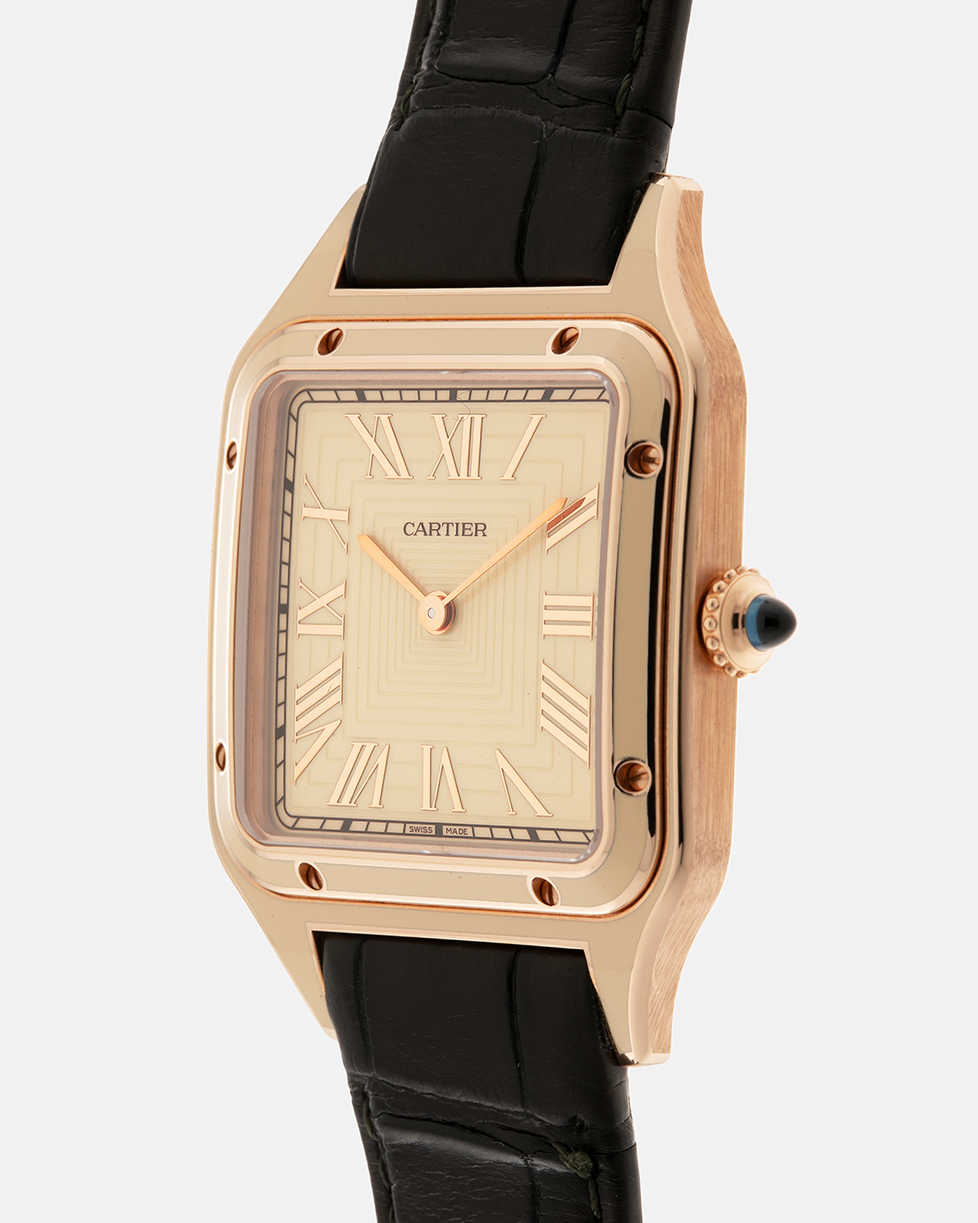 Brand: Cartier Year: 2023 Model: Santos-Dumont Lacquered “Large” Reference: WGSA0054 Material: 18-carat Rose Gold, Beige Lacquer Movement: Cartier Cal. 430 MC, Manual-Winding Case Dimensions: 43.5mm (Including Lugs) x 31.4mm x 7.3mm Strap: Cartier Olive Green Alligator Leather Strap with Signed 18-carat Rose Gold Tang Buckle