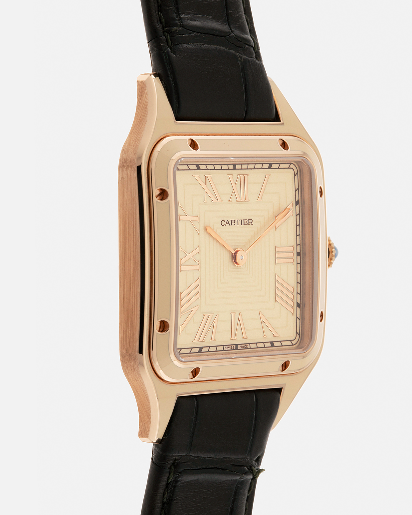 Brand: Cartier Year: 2023 Model: Santos-Dumont Lacquered “Large” Reference: WGSA0054 Material: 18-carat Rose Gold, Beige Lacquer Movement: Cartier Cal. 430 MC, Manual-Winding Case Dimensions: 43.5mm (Including Lugs) x 31.4mm x 7.3mm Strap: Cartier Olive Green Alligator Leather Strap with Signed 18-carat Rose Gold Tang Buckle