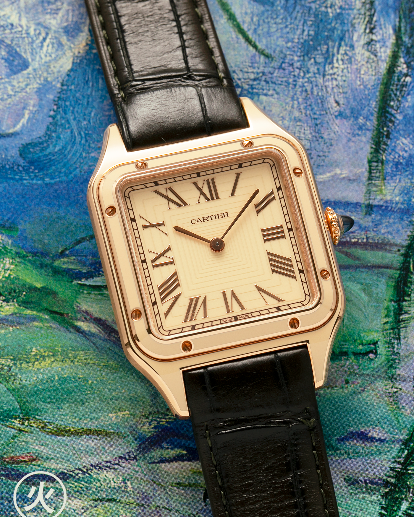 Brand: Cartier Year: 2023 Model: Santos-Dumont Lacquered “Large” Reference: WGSA0054 Material: 18-carat Rose Gold, Beige Lacquer Movement: Cartier Cal. 430 MC, Manual-Winding Case Dimensions: 43.5mm (Including Lugs) x 31.4mm x 7.3mm Strap: Cartier Olive Green Alligator Leather Strap with Signed 18-carat Rose Gold Tang Buckle