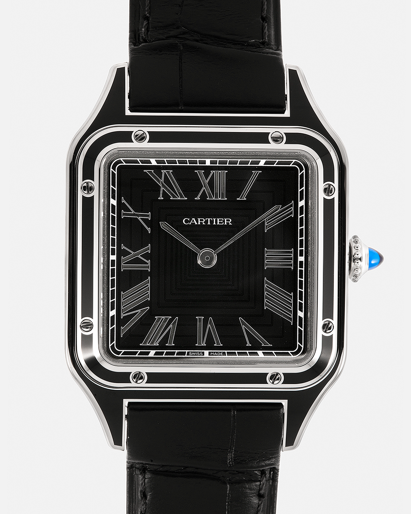 Brand: Cartier
Year: 2025
Model: Santos-Dumont Large ‘Lacquered’
Reference: CRWSSA0046
Material: Stainless Steel, Black Lacquer
Movement: Cartier Cal. 430 MC, Manual-Winding
Case Dimensions: 43.5mm (Including Lugs) x 31.4mm
Strap: Cartier Black Alligator Leather Strap with Signed Stainless Steel Tang Buckle