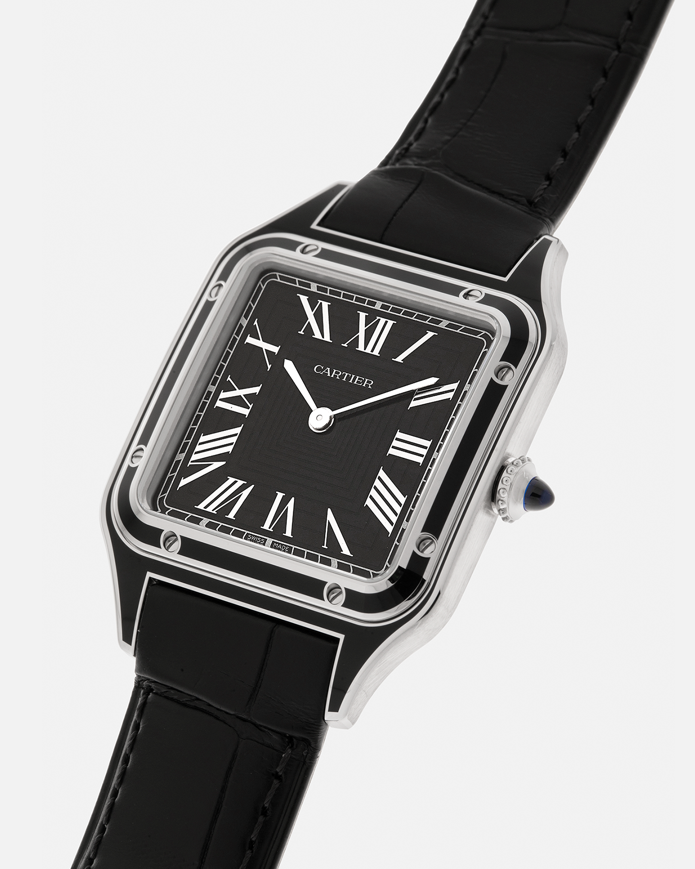 Brand: Cartier
Year: 2025
Model: Santos-Dumont Large ‘Lacquered’
Reference: CRWSSA0046
Material: Stainless Steel, Black Lacquer
Movement: Cartier Cal. 430 MC, Manual-Winding
Case Dimensions: 43.5mm (Including Lugs) x 31.4mm
Strap: Cartier Black Alligator Leather Strap with Signed Stainless Steel Tang Buckle