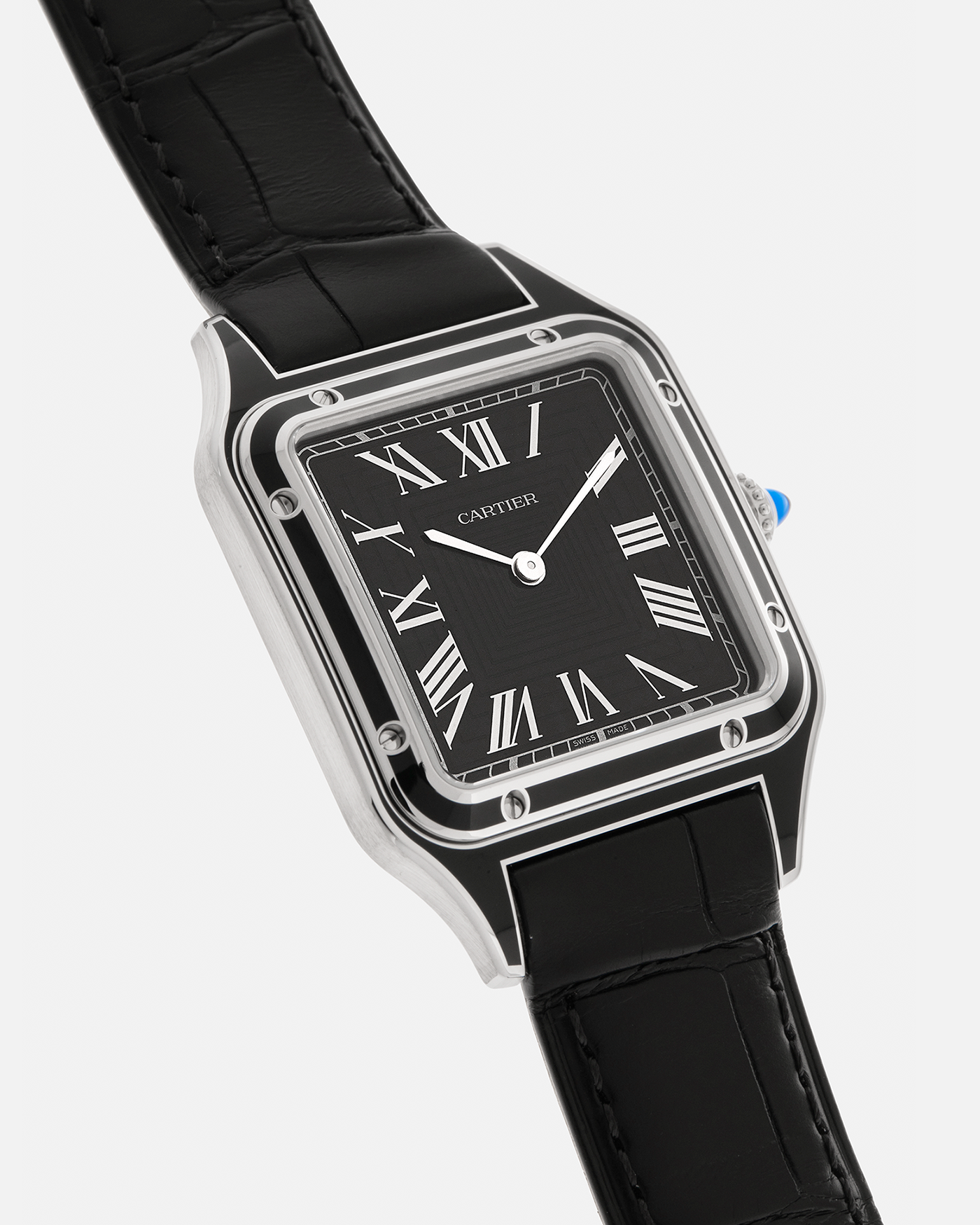 Brand: Cartier
Year: 2025
Model: Santos-Dumont Large ‘Lacquered’
Reference: CRWSSA0046
Material: Stainless Steel, Black Lacquer
Movement: Cartier Cal. 430 MC, Manual-Winding
Case Dimensions: 43.5mm (Including Lugs) x 31.4mm
Strap: Cartier Black Alligator Leather Strap with Signed Stainless Steel Tang Buckle