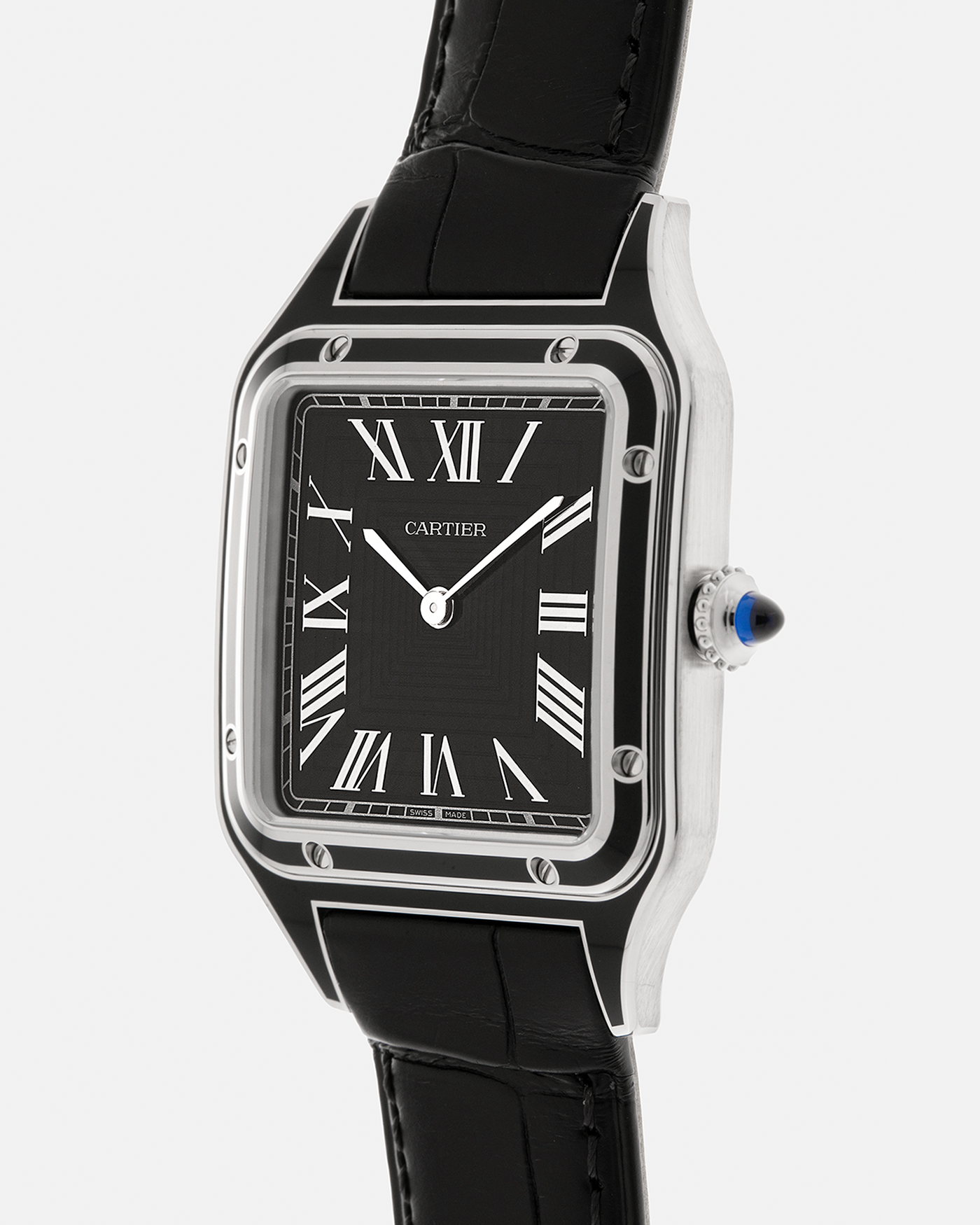 Brand: Cartier
Year: 2025
Model: Santos-Dumont Large ‘Lacquered’
Reference: CRWSSA0046
Material: Stainless Steel, Black Lacquer
Movement: Cartier Cal. 430 MC, Manual-Winding
Case Dimensions: 43.5mm (Including Lugs) x 31.4mm
Strap: Cartier Black Alligator Leather Strap with Signed Stainless Steel Tang Buckle