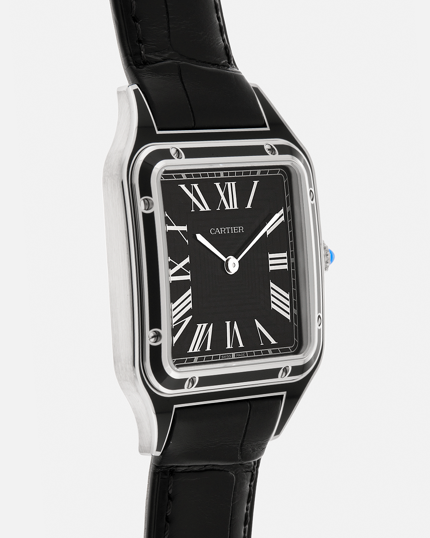 Brand: Cartier
Year: 2025
Model: Santos-Dumont Large ‘Lacquered’
Reference: CRWSSA0046
Material: Stainless Steel, Black Lacquer
Movement: Cartier Cal. 430 MC, Manual-Winding
Case Dimensions: 43.5mm (Including Lugs) x 31.4mm
Strap: Cartier Black Alligator Leather Strap with Signed Stainless Steel Tang Buckle