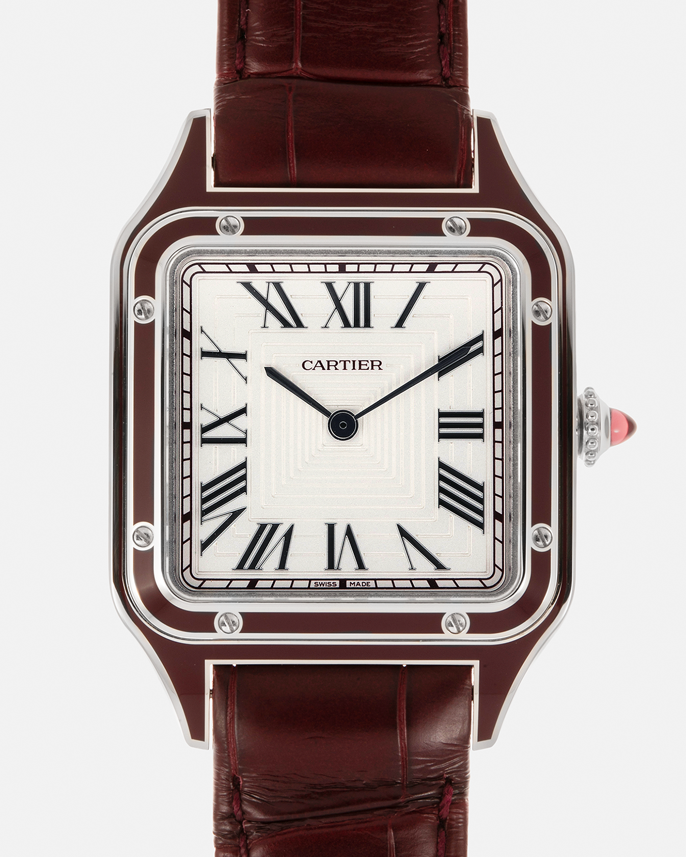 Brand: Cartier
Year: 2022
Model: Santos-Dumont Large, Limited Edition of 150 pieces
Material: Platinum 950, Burgundy Lacquer
Movement: Cartier Cal. 430 MC, Manual-Winding
Case Dimensions: 43.5mm (Including Lugs) x 31.4mm
Strap: Cartier Burgundy Alligator Leather Strap with Signed Platinum 950 Tang Buckle