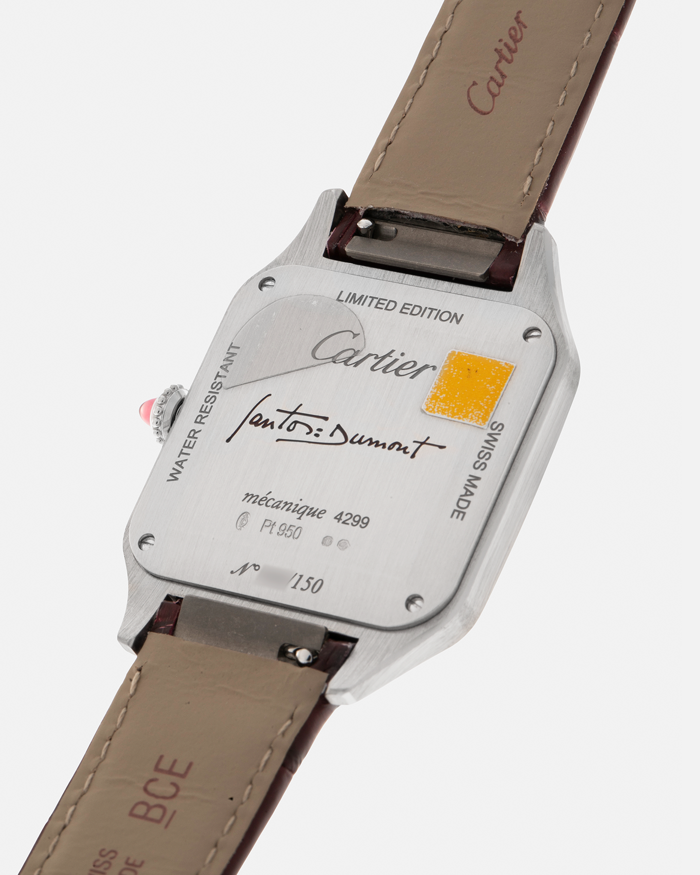 Brand: Cartier
Year: 2022
Model: Santos-Dumont Large, Limited Edition of 150 pieces
Material: Platinum 950, Burgundy Lacquer
Movement: Cartier Cal. 430 MC, Manual-Winding
Case Dimensions: 43.5mm (Including Lugs) x 31.4mm
Strap: Cartier Burgundy Alligator Leather Strap with Signed Platinum 950 Tang Buckle