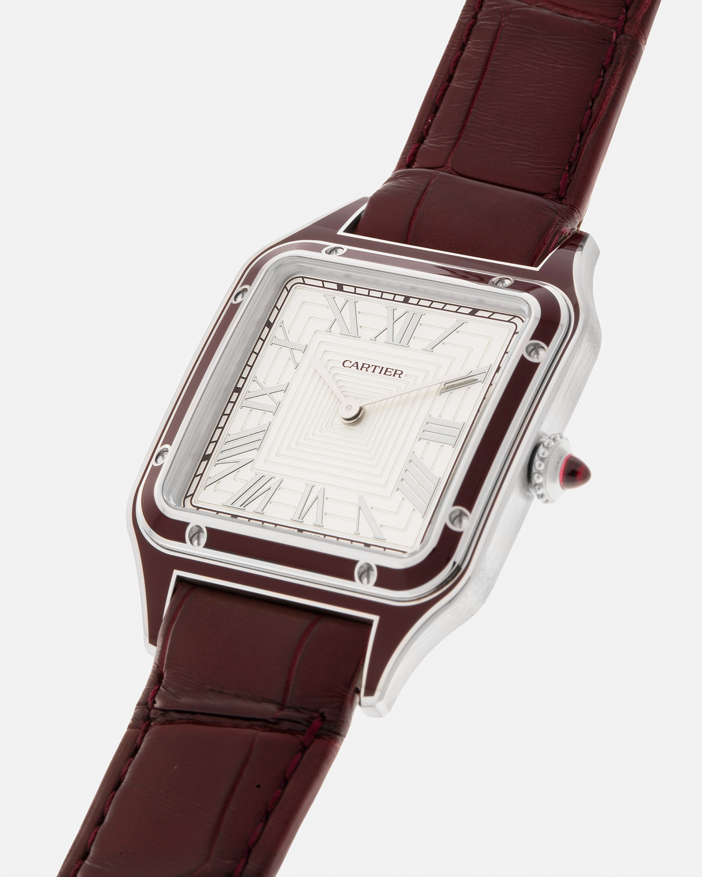 Brand: Cartier
Year: 2022
Model: Santos-Dumont Large, Limited Edition of 150 pieces
Material: Platinum 950, Burgundy Lacquer
Movement: Cartier Cal. 430 MC, Manual-Winding
Case Dimensions: 43.5mm (Including Lugs) x 31.4mm
Strap: Cartier Burgundy Alligator Leather Strap with Signed Platinum 950 Tang Buckle