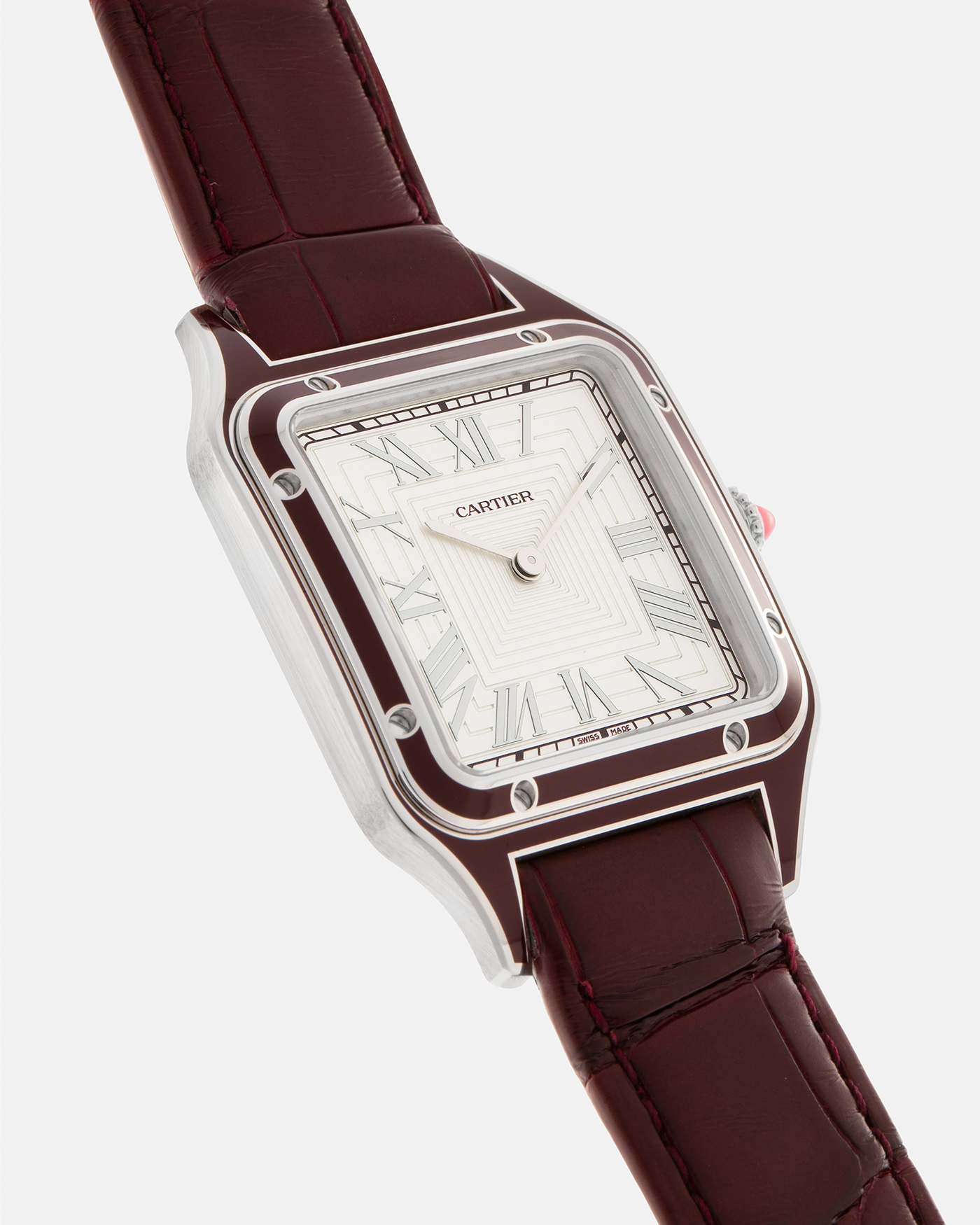Brand: Cartier
Year: 2022
Model: Santos-Dumont Large, Limited Edition of 150 pieces
Material: Platinum 950, Burgundy Lacquer
Movement: Cartier Cal. 430 MC, Manual-Winding
Case Dimensions: 43.5mm (Including Lugs) x 31.4mm
Strap: Cartier Burgundy Alligator Leather Strap with Signed Platinum 950 Tang Buckle