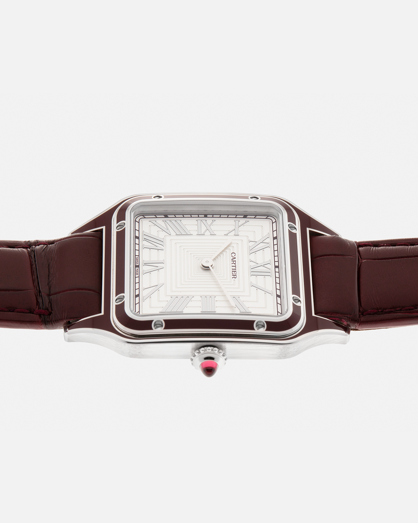 Brand: Cartier
Year: 2022
Model: Santos-Dumont Large, Limited Edition of 150 pieces
Material: Platinum 950, Burgundy Lacquer
Movement: Cartier Cal. 430 MC, Manual-Winding
Case Dimensions: 43.5mm (Including Lugs) x 31.4mm
Strap: Cartier Burgundy Alligator Leather Strap with Signed Platinum 950 Tang Buckle