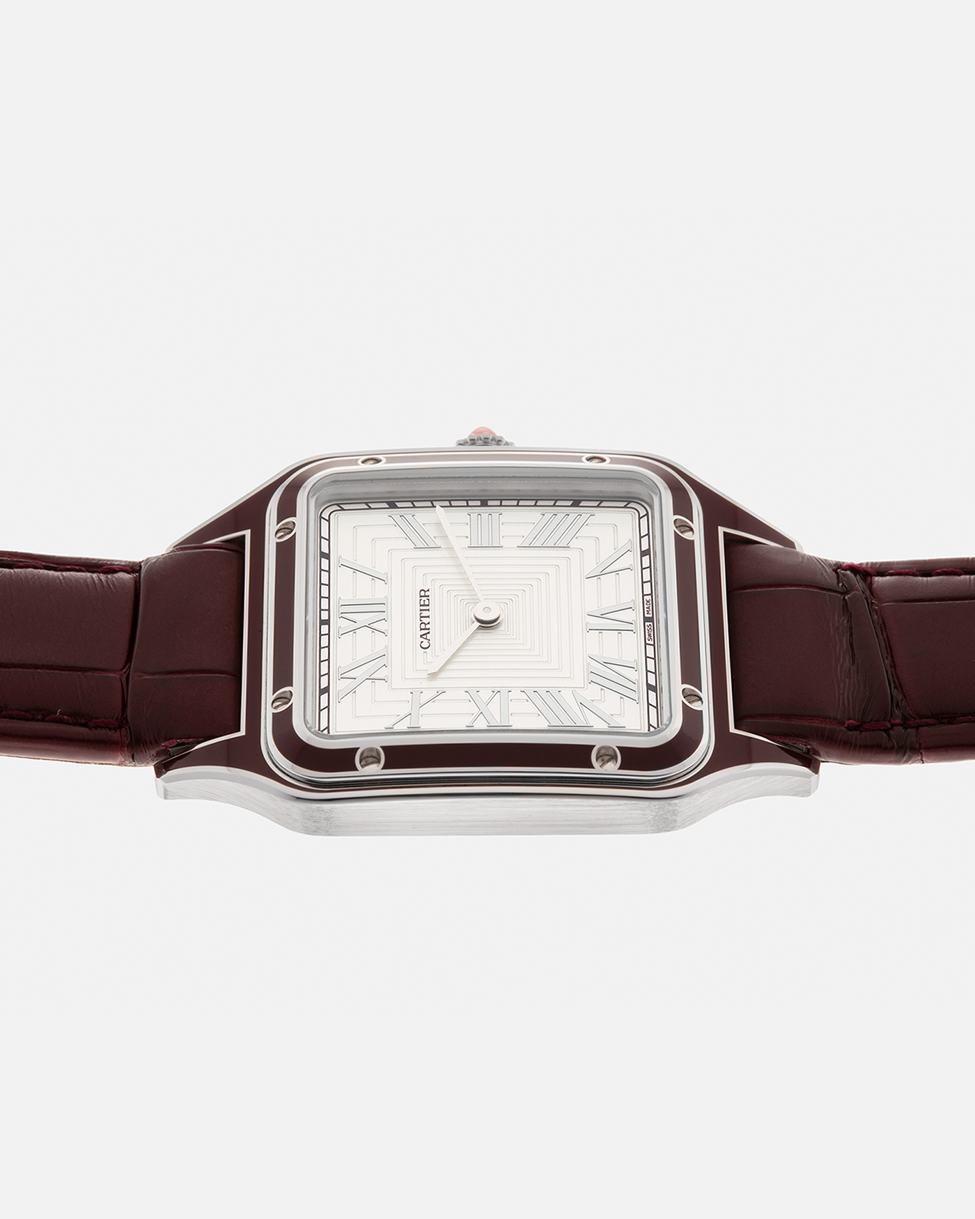 Brand: Cartier
Year: 2022
Model: Santos-Dumont Large, Limited Edition of 150 pieces
Material: Platinum 950, Burgundy Lacquer
Movement: Cartier Cal. 430 MC, Manual-Winding
Case Dimensions: 43.5mm (Including Lugs) x 31.4mm
Strap: Cartier Burgundy Alligator Leather Strap with Signed Platinum 950 Tang Buckle
