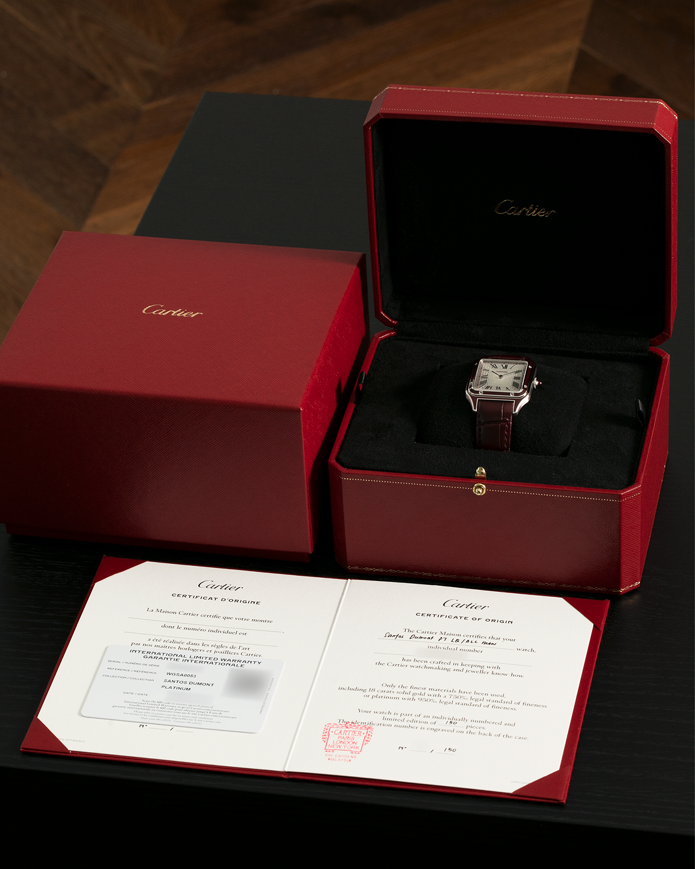 Brand: Cartier
Year: 2022
Model: Santos-Dumont Large, Limited Edition of 150 pieces
Material: Platinum 950, Burgundy Lacquer
Movement: Cartier Cal. 430 MC, Manual-Winding
Case Dimensions: 43.5mm (Including Lugs) x 31.4mm
Strap: Cartier Burgundy Alligator Leather Strap with Signed Platinum 950 Tang Buckle