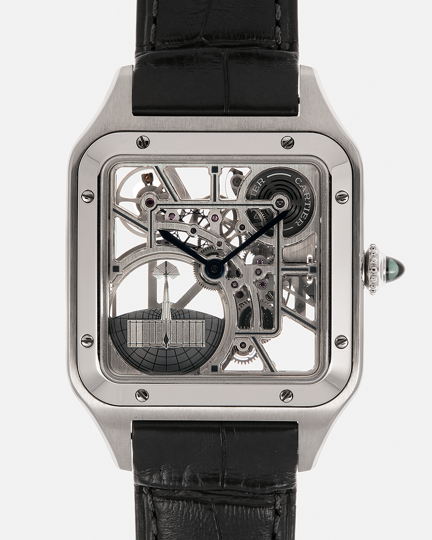 Brand: Cartier
Year: 2023
Model: Santos Dumont Skeleton Micro-Rotor
Reference: CRWHSA0032
Material: Stainless Steel
Movement: Cartier Cal. 9629 MC, Self-Winding Micro-Rotor
Case Dimensions: 31.4mm x 43.5mm (Including Lugs)
Strap: Cartier Dark Navy Alligator Leather Strap with Signed Stainless Steel Tang Buckle