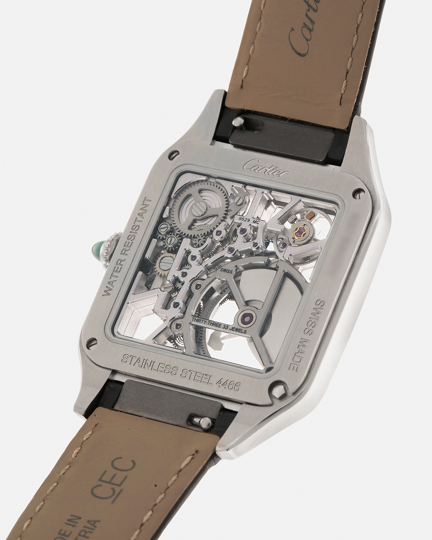 Brand: Cartier
Year: 2023
Model: Santos Dumont Skeleton Micro-Rotor
Reference: CRWHSA0032
Material: Stainless Steel
Movement: Cartier Cal. 9629 MC, Self-Winding Micro-Rotor
Case Dimensions: 31.4mm x 43.5mm (Including Lugs)
Strap: Cartier Dark Navy Alligator Leather Strap with Signed Stainless Steel Tang Buckle