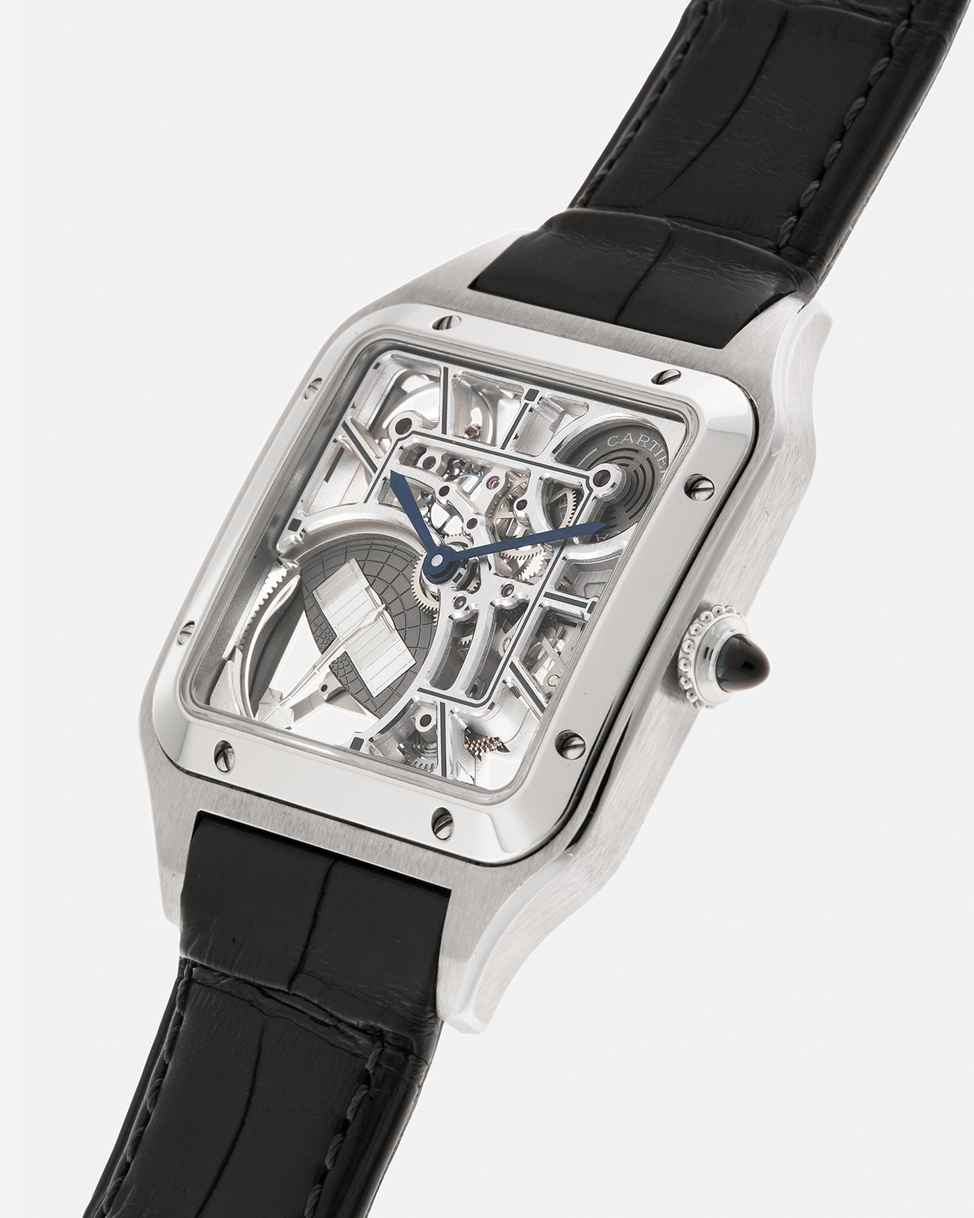 Brand: Cartier
Year: 2023
Model: Santos Dumont Skeleton Micro-Rotor
Reference: CRWHSA0032
Material: Stainless Steel
Movement: Cartier Cal. 9629 MC, Self-Winding Micro-Rotor
Case Dimensions: 31.4mm x 43.5mm (Including Lugs)
Strap: Cartier Dark Navy Alligator Leather Strap with Signed Stainless Steel Tang Buckle