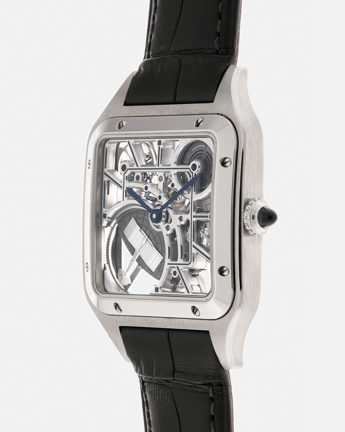 Brand: Cartier
Year: 2023
Model: Santos Dumont Skeleton Micro-Rotor
Reference: CRWHSA0032
Material: Stainless Steel
Movement: Cartier Cal. 9629 MC, Self-Winding Micro-Rotor
Case Dimensions: 31.4mm x 43.5mm (Including Lugs)
Strap: Cartier Dark Navy Alligator Leather Strap with Signed Stainless Steel Tang Buckle