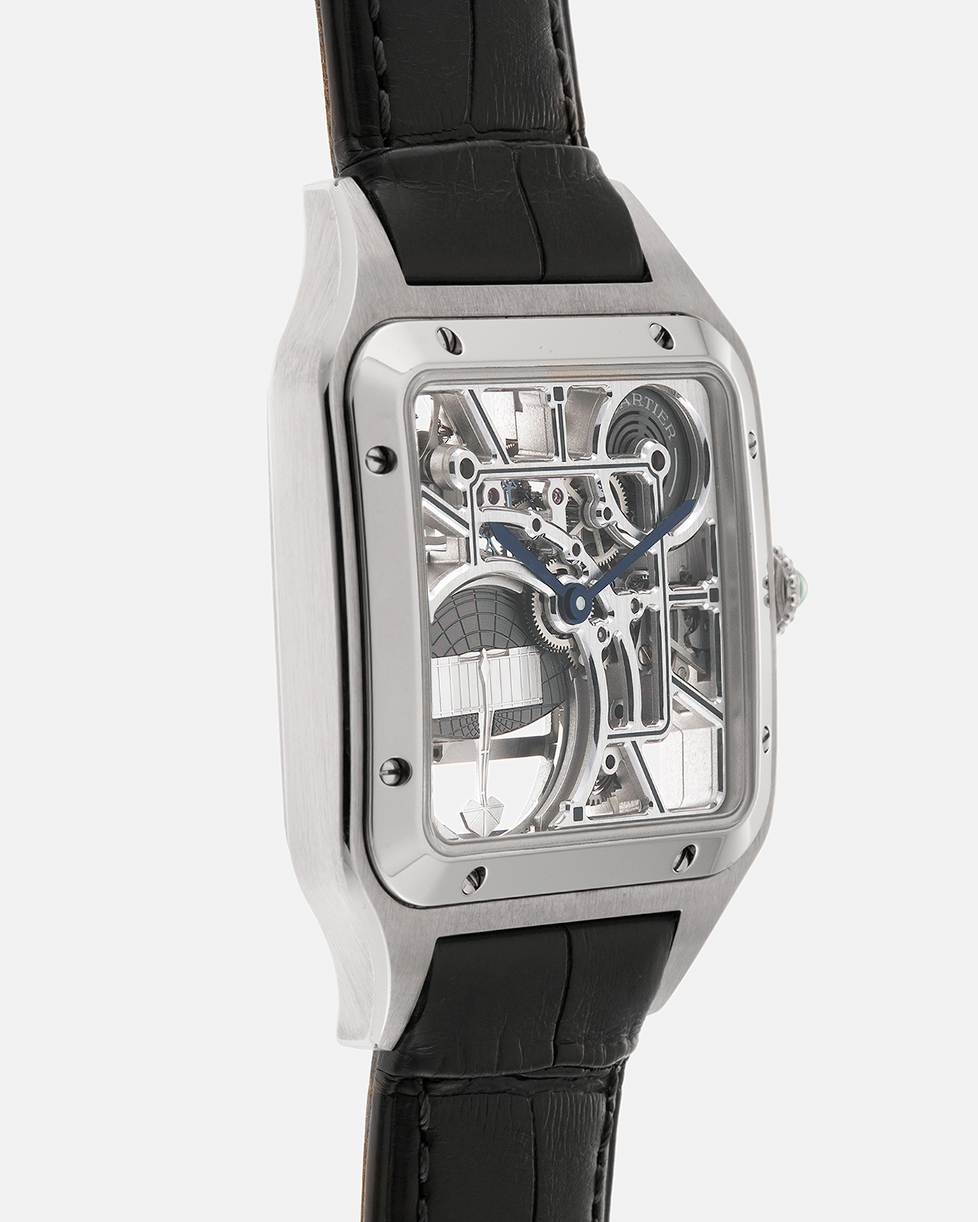 Brand: Cartier
Year: 2023
Model: Santos Dumont Skeleton Micro-Rotor
Reference: CRWHSA0032
Material: Stainless Steel
Movement: Cartier Cal. 9629 MC, Self-Winding Micro-Rotor
Case Dimensions: 31.4mm x 43.5mm (Including Lugs)
Strap: Cartier Dark Navy Alligator Leather Strap with Signed Stainless Steel Tang Buckle
