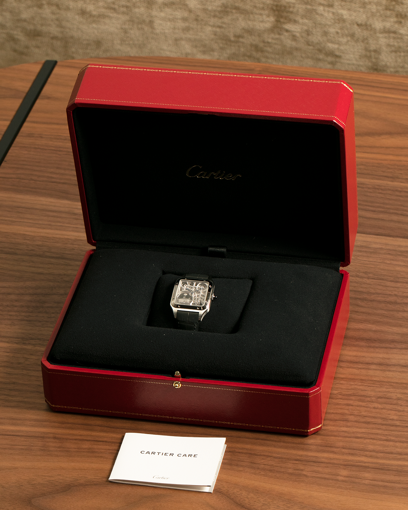 Brand: Cartier
Year: 2023
Model: Santos Dumont Skeleton Micro-Rotor
Reference: CRWHSA0032
Material: Stainless Steel
Movement: Cartier Cal. 9629 MC, Self-Winding Micro-Rotor
Case Dimensions: 31.4mm x 43.5mm (Including Lugs)
Strap: Cartier Dark Navy Alligator Leather Strap with Signed Stainless Steel Tang Buckle