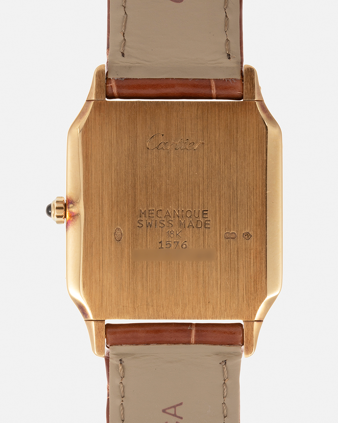 Brand: Cartier Year: 1990s Model: Santos-Dumont Reference: 1576 Material: 18-carat Yellow Gold Movement: Cartier Cal. 021 MC (Frédéric Piguet Cal. 21 based), Manual-Winding Case Diameter: 27mm Lug Width: 18mm Strap: Cartier Light Brown Alligator Leather Strap with Signed 18-carat Yellow Gold Tang Buckle