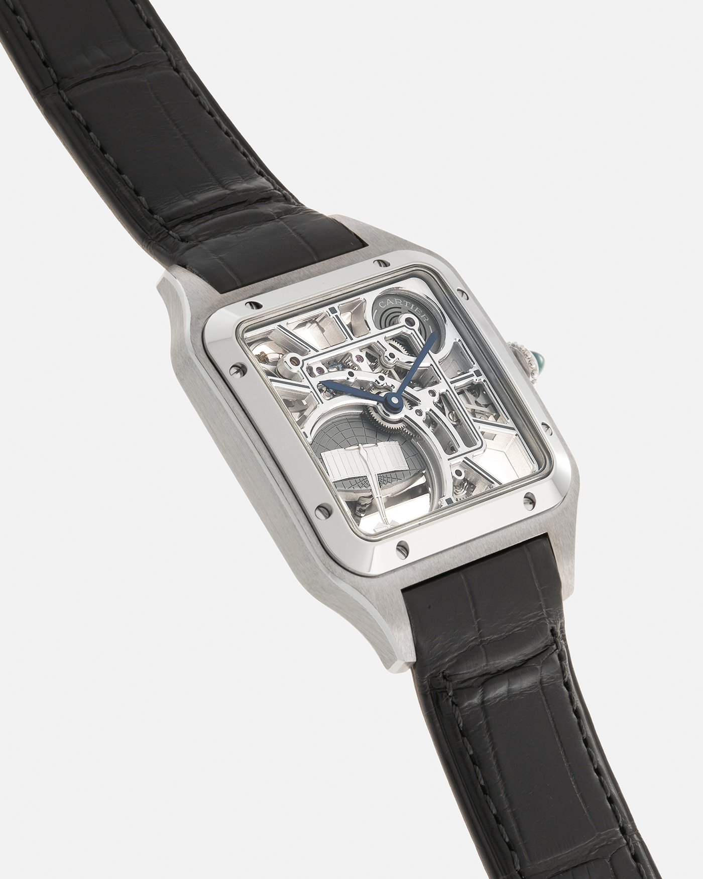 Brand: Cartier Year: 2023 Model: Santos Dumont Skeleton MicroRotor Reference: CRWHSA0032 Material: Stainless Steel Movement: Cartier Cal. 9629 MC, Self-Winding Micro-Rotor Case Diameter: 31.4mm x 43.5mm Strap: Cartier Grey Alligator Leather Strap with Signed Stainless Steel Ardillon Buckle