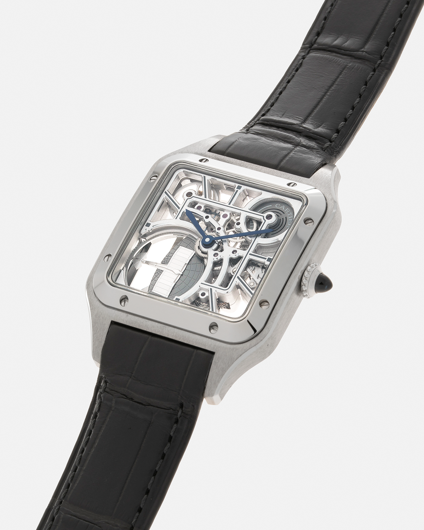 Brand: Cartier Year: 2023 Model: Santos Dumont Skeleton MicroRotor Reference: CRWHSA0032 Material: Stainless Steel Movement: Cartier Cal. 9629 MC, Self-Winding Micro-Rotor Case Diameter: 31.4mm x 43.5mm Strap: Cartier Grey Alligator Leather Strap with Signed Stainless Steel Ardillon Buckle