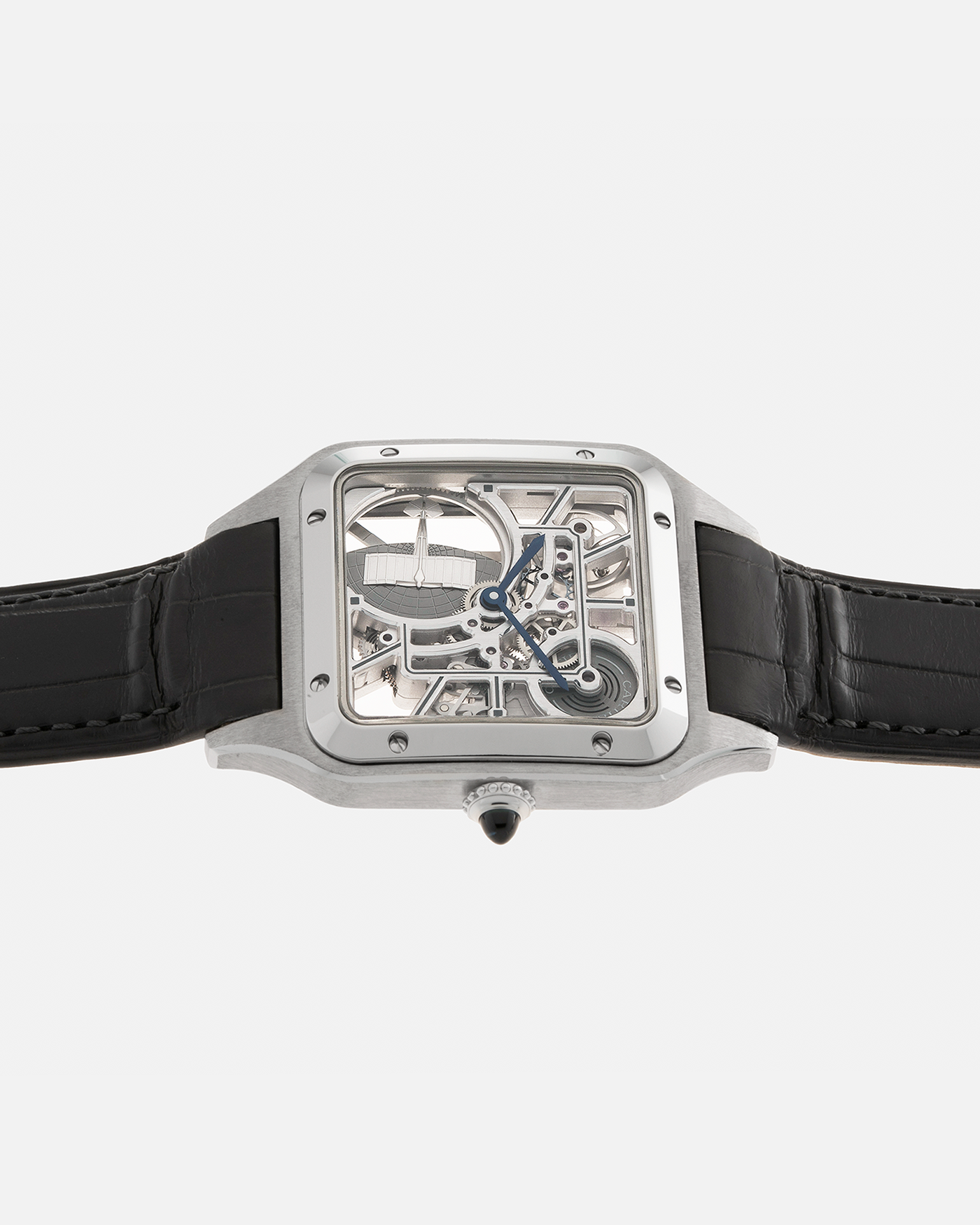 Brand: Cartier Year: 2023 Model: Santos Dumont Skeleton MicroRotor Reference: CRWHSA0032 Material: Stainless Steel Movement: Cartier Cal. 9629 MC, Self-Winding Micro-Rotor Case Diameter: 31.4mm x 43.5mm Strap: Cartier Grey Alligator Leather Strap with Signed Stainless Steel Ardillon Buckle