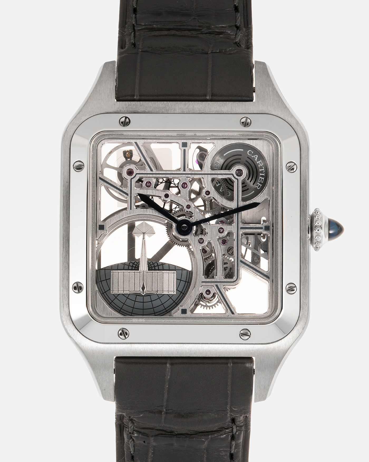 Brand: Cartier Year: 2023 Model: Santos Dumont Skeleton MicroRotor Reference: CRWHSA0032 Material: Stainless Steel Movement: Cartier Cal. 9629 MC, Self-Winding Micro-Rotor Case Diameter: 31.4mm x 43.5mm Strap: Cartier Grey Alligator Leather Strap with Signed Stainless Steel Ardillon Buckle