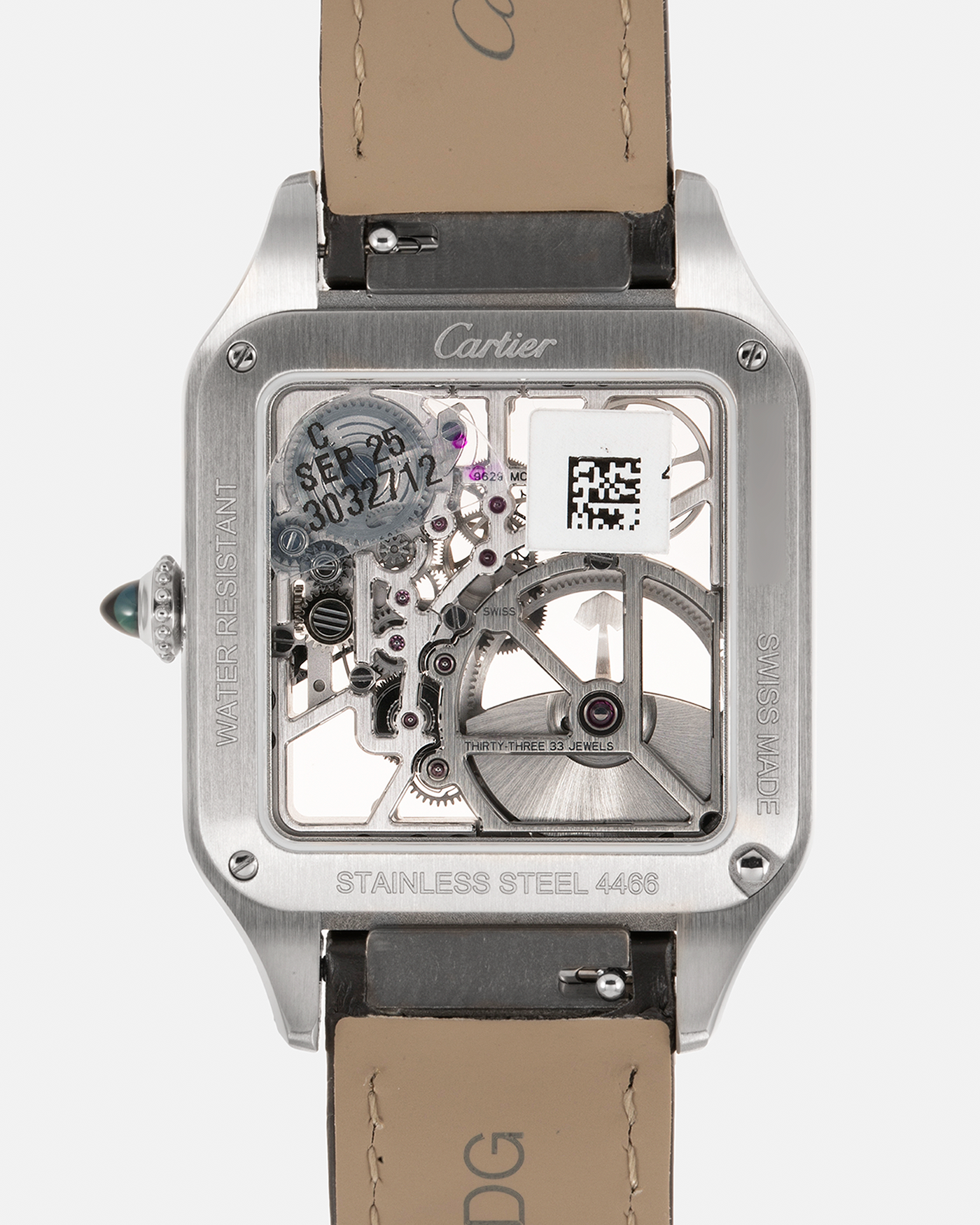 Brand: Cartier Year: 2023 Model: Santos Dumont Skeleton MicroRotor Reference: CRWHSA0032 Material: Stainless Steel Movement: Cartier Cal. 9629 MC, Self-Winding Micro-Rotor Case Diameter: 31.4mm x 43.5mm Strap: Cartier Grey Alligator Leather Strap with Signed Stainless Steel Ardillon Buckle