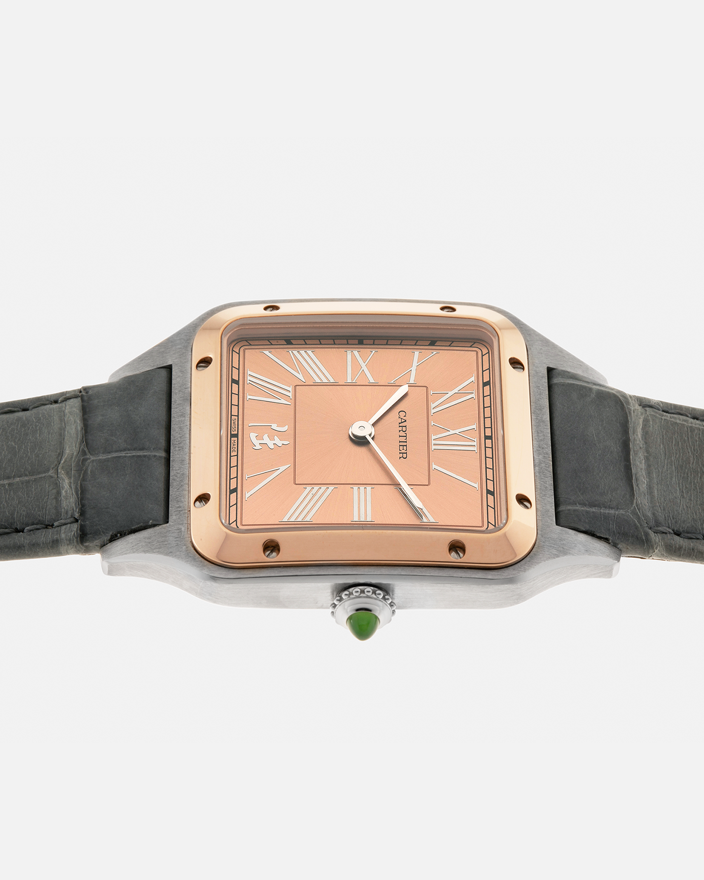 Brand: Cartier
Year: 2023
Model: Santos-Dumont ‘China’, Limited Edition of 300 pieces
Reference Number: W2SA0027
Material: Stainless Steel Case and 18-carat Rose Gold Bezel
Movement: Cartier Cal. 430 MC, Manual-Winding
Case Dimensions: 43.5mm (Including Lugs) x 31.4mm
Lug Width: 18mm
Strap: Cartier Anthracite Grey Alligator Leather Strap with Signed Stainless Steel Tang Buckle